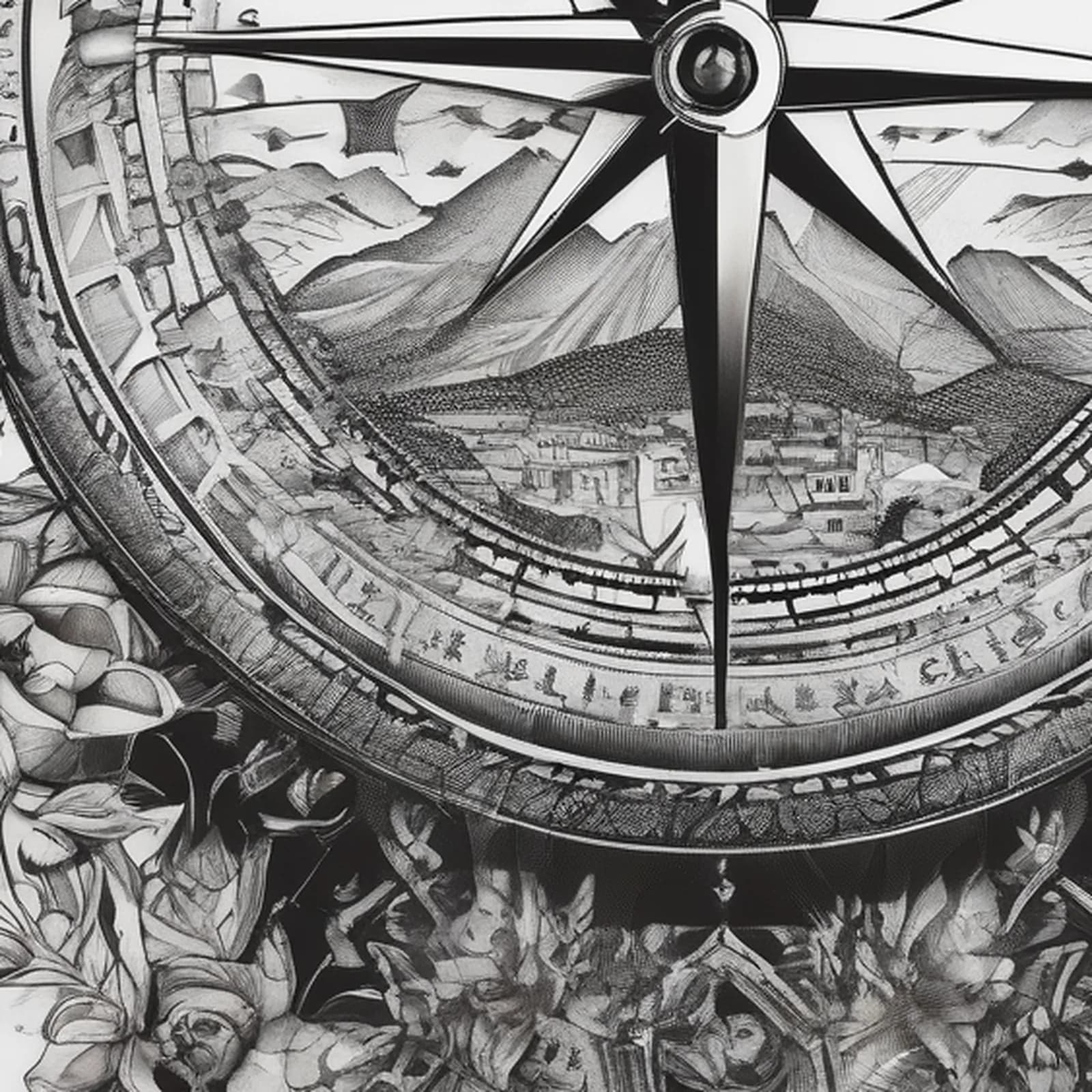 Sundial Compass tattoo design, close-up detail