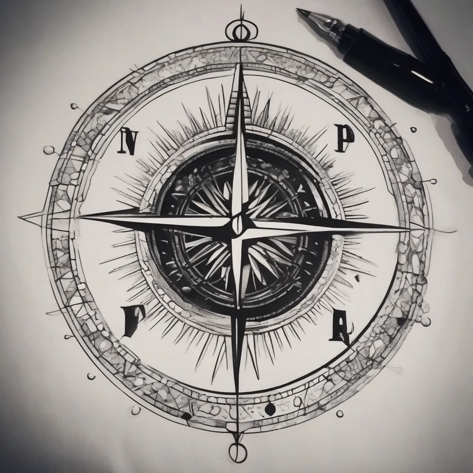 Sundial Compass tattoo design, alternative version 3