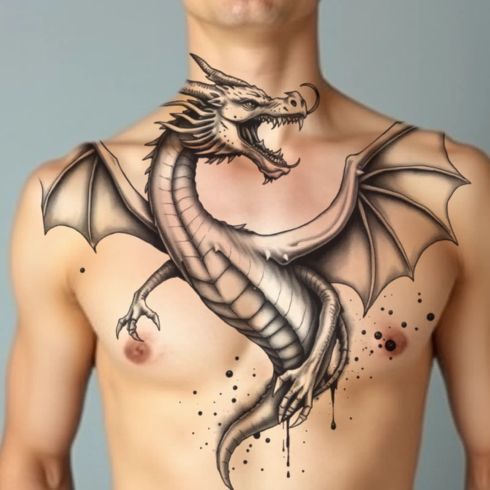 3D Dragon Bursting from Chest tattoo shown on the chest