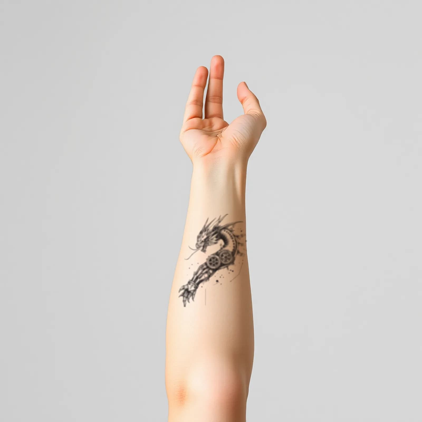 Biomechanical Dragon Arm tattoo shown on the full sleeve