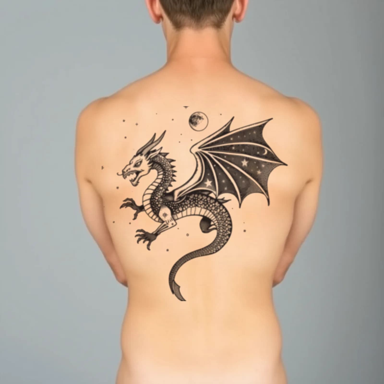 Celestial Dragon with Night Sky tattoo shown on the back