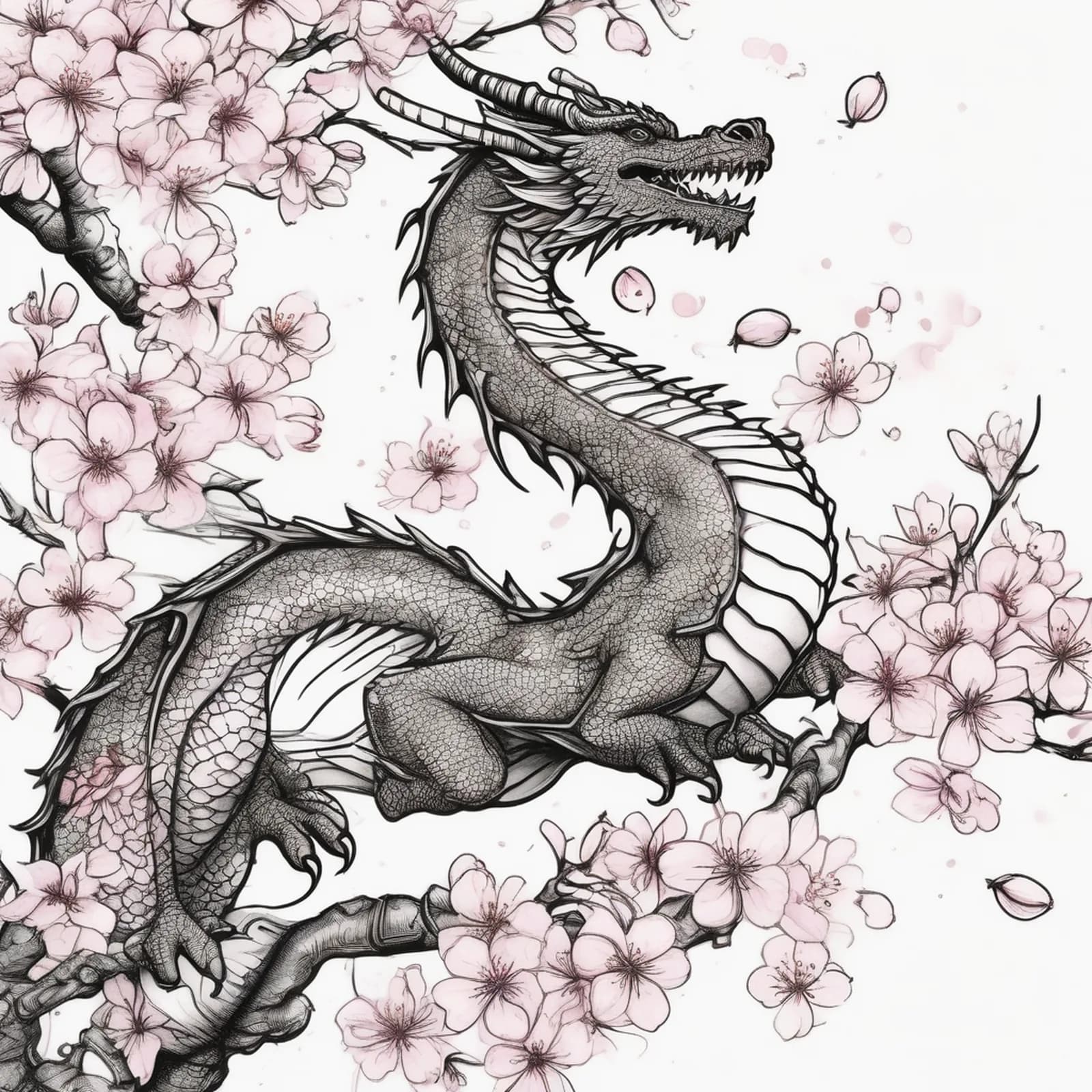 Dragon and Cherry Blossom Branch tattoo design, alternative version 2