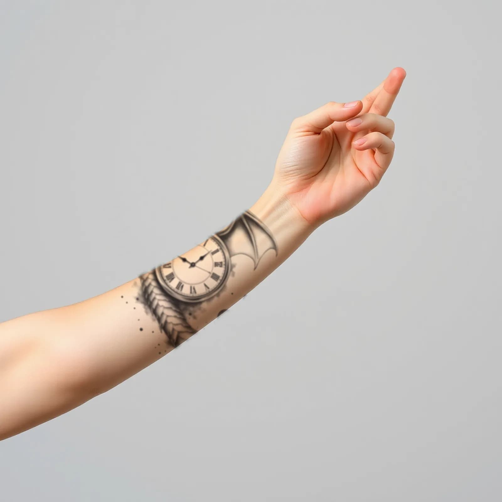 Dragon and Clock tattoo shown on the forearm