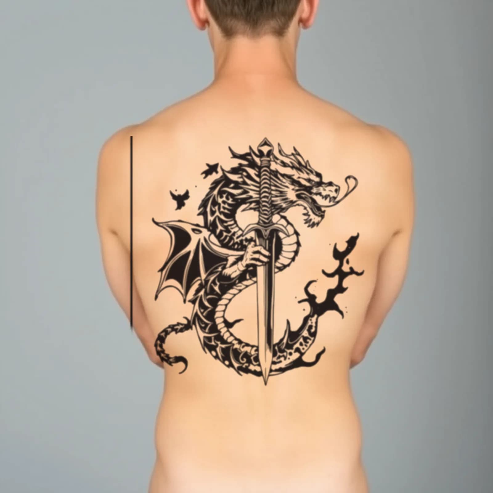 Dragon and Sword Spine tattoo shown on the spine