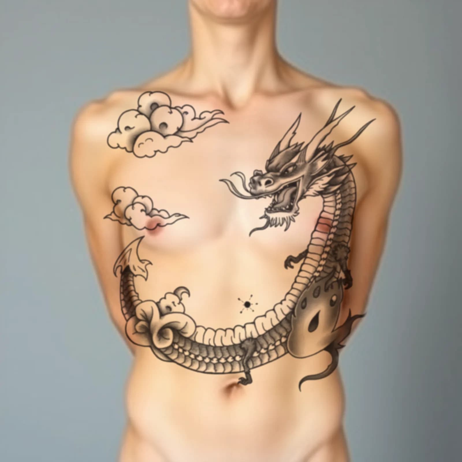Dragon Chest to Stomach tattoo shown on the front torso