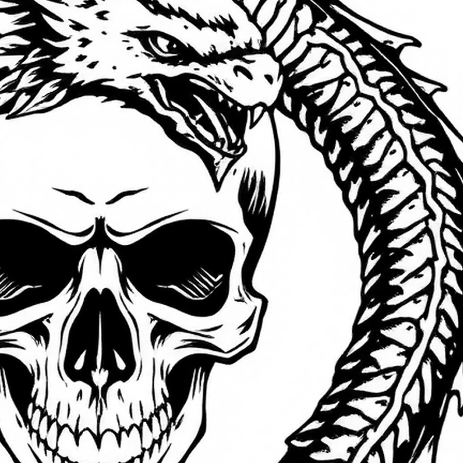 Dragon Coiled Around Skull tattoo design, close-up detail
