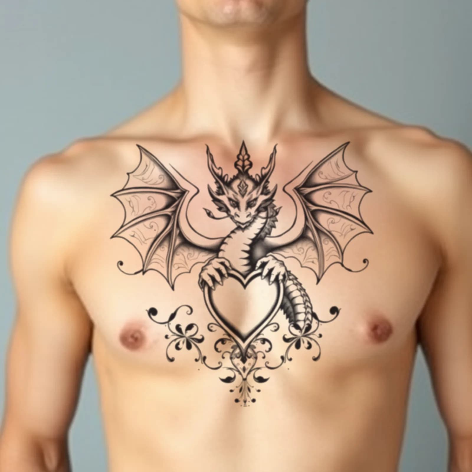 Dragon Guarding Family Symbol tattoo shown on the chest