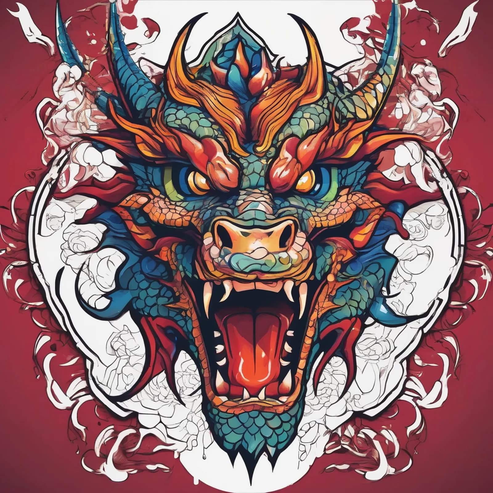 Neo Traditional Dragon Head tattoo design, alternative version 2