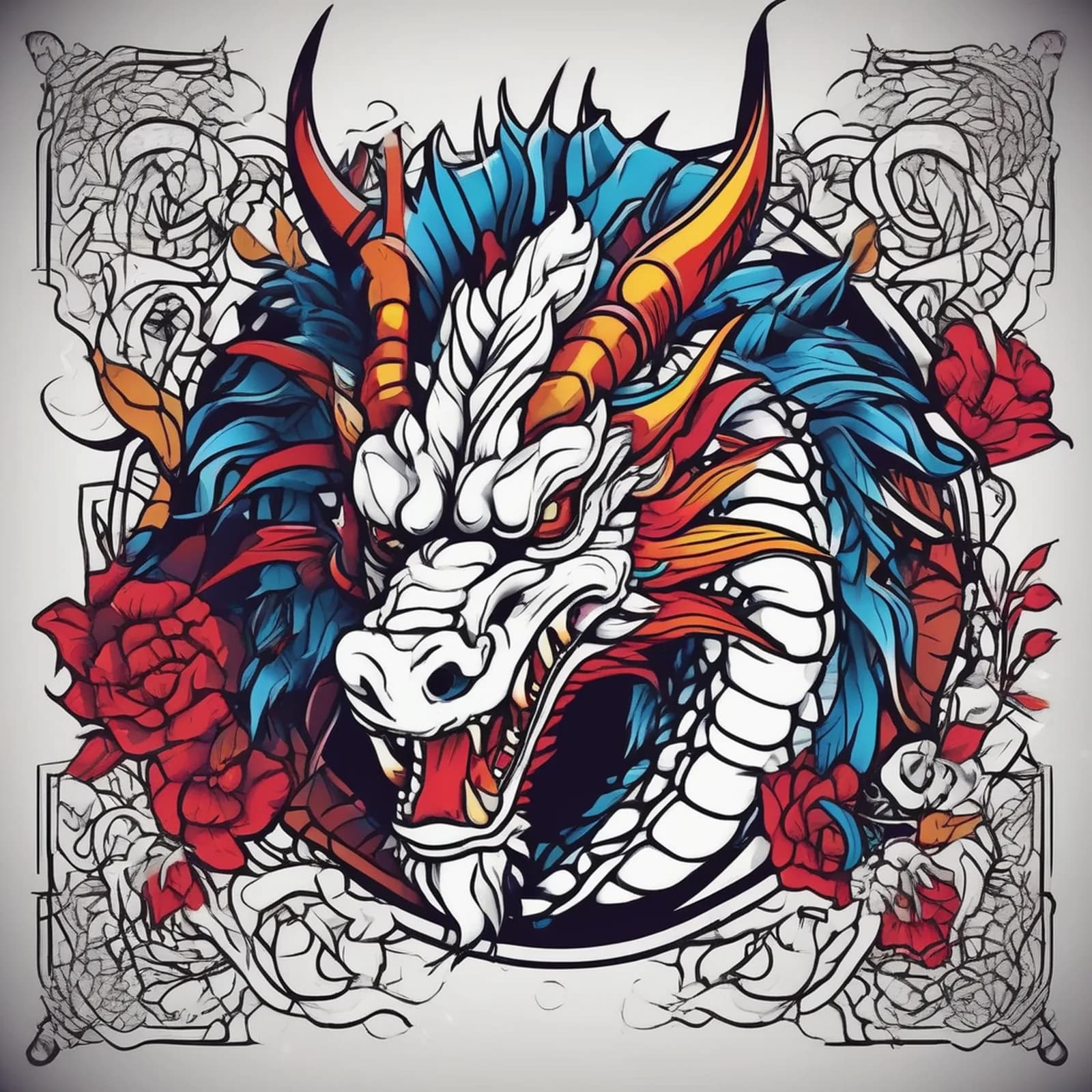 Neo Traditional Dragon Head tattoo design, alternative version 4