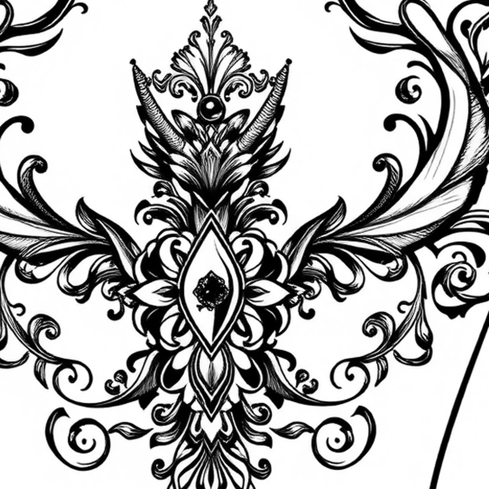 Ornamental Filigree Dragon Sternum tattoo design, close-up detail