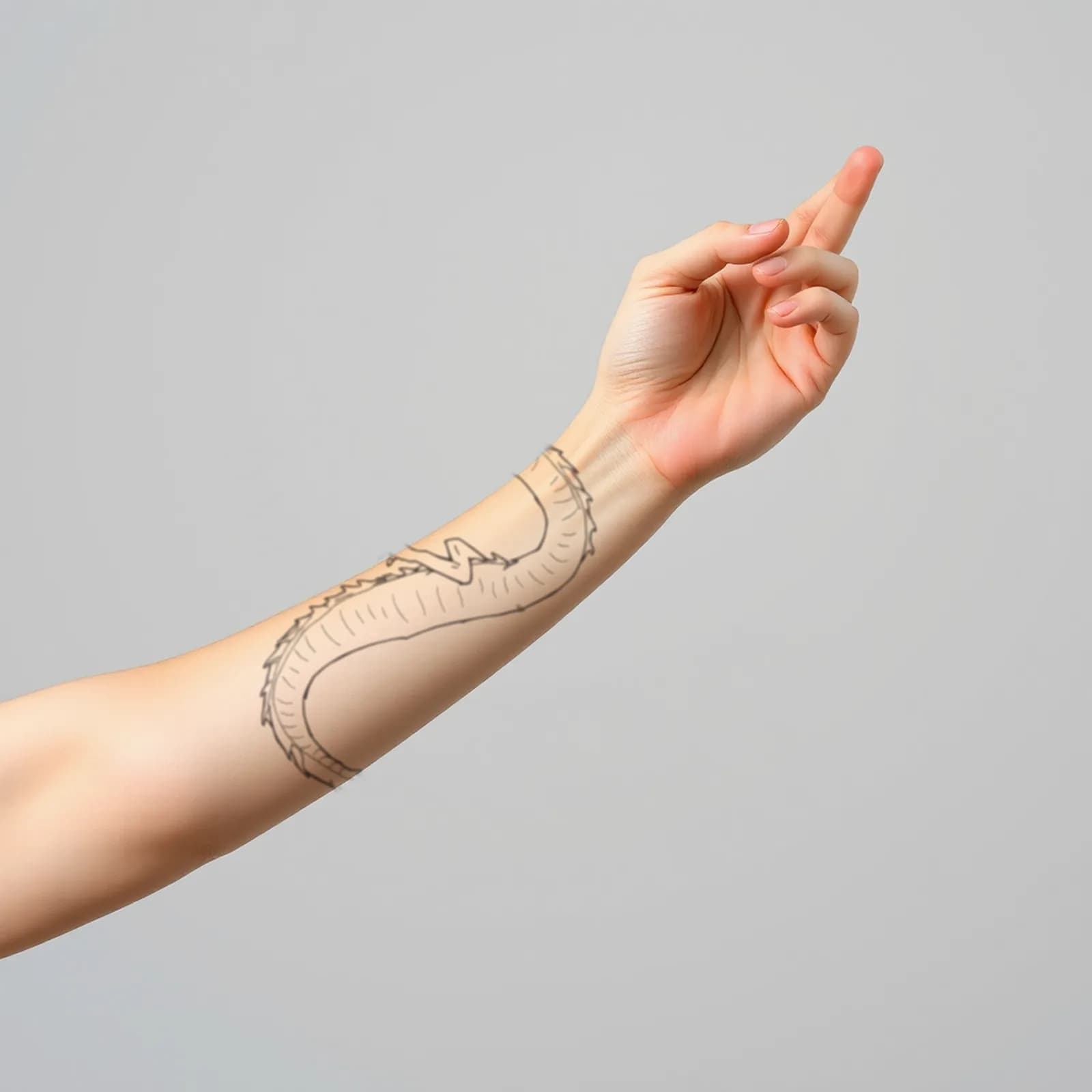 Single Continuous Line Dragon tattoo shown on the inner forearm