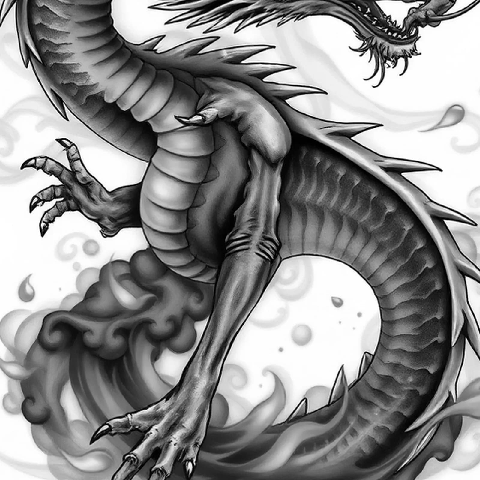 Smoke and Fire Dragon tattoo design, close-up detail