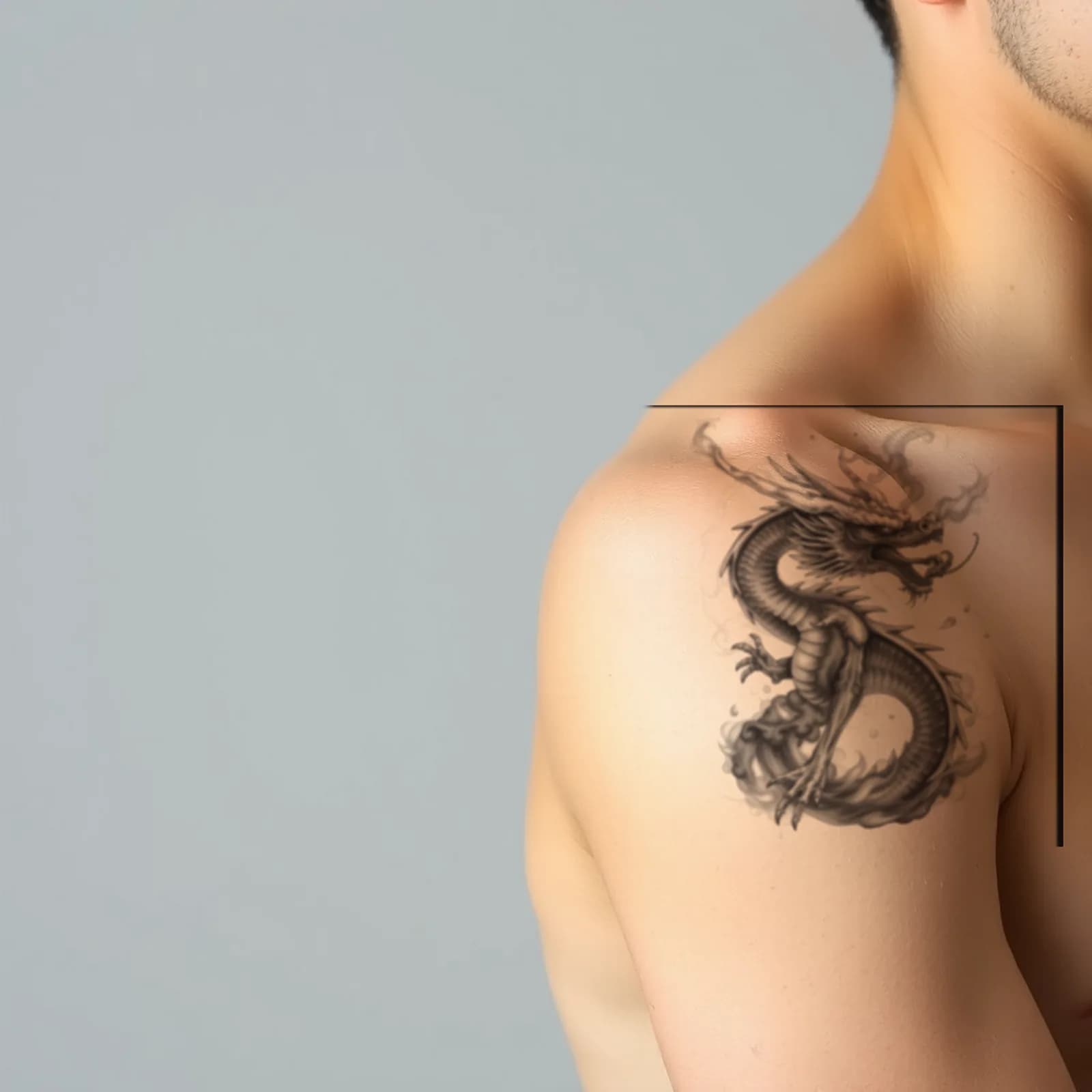 Smoke and Fire Dragon tattoo shown on the shoulder