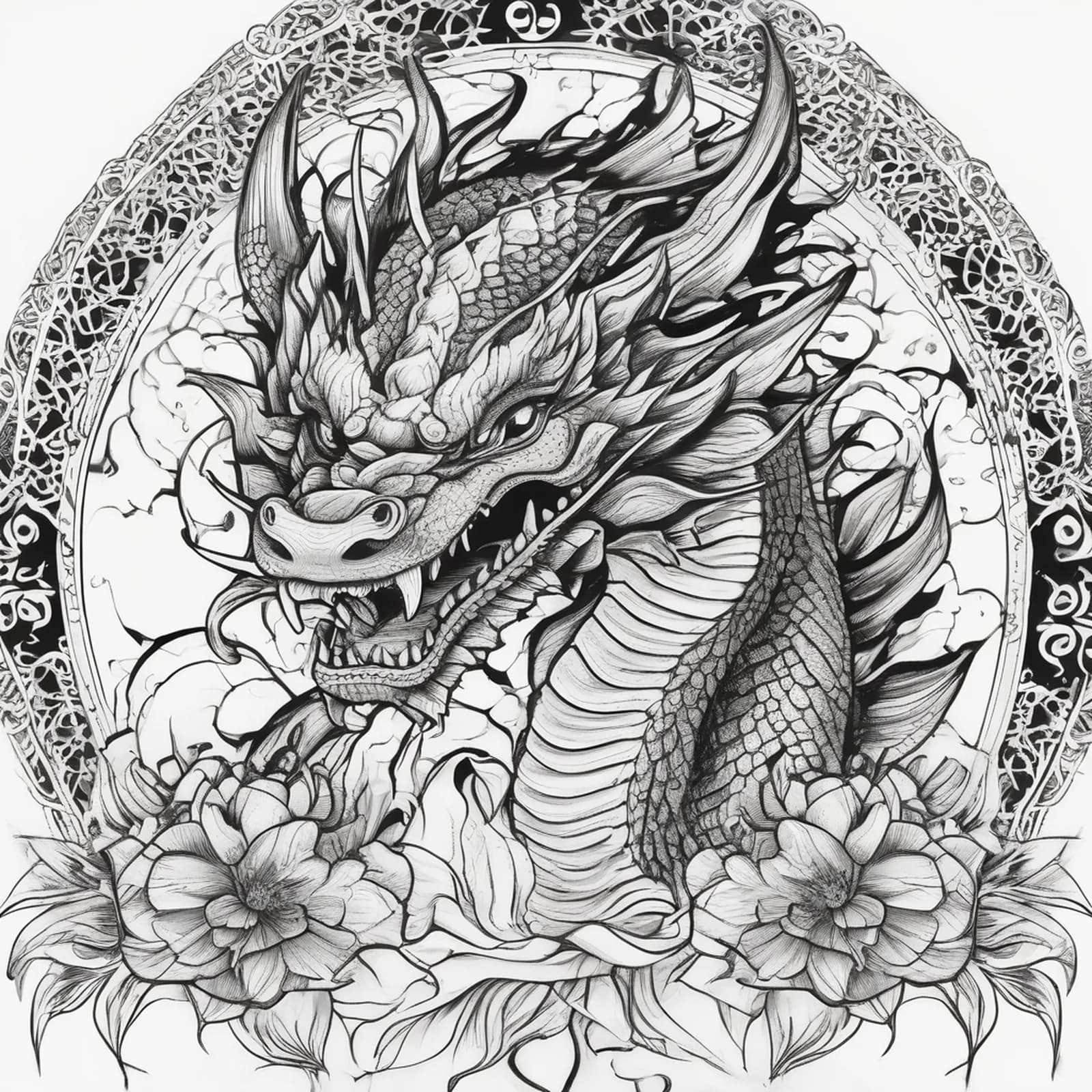 Spine Dragon with Lotus tattoo design, alternative version 2