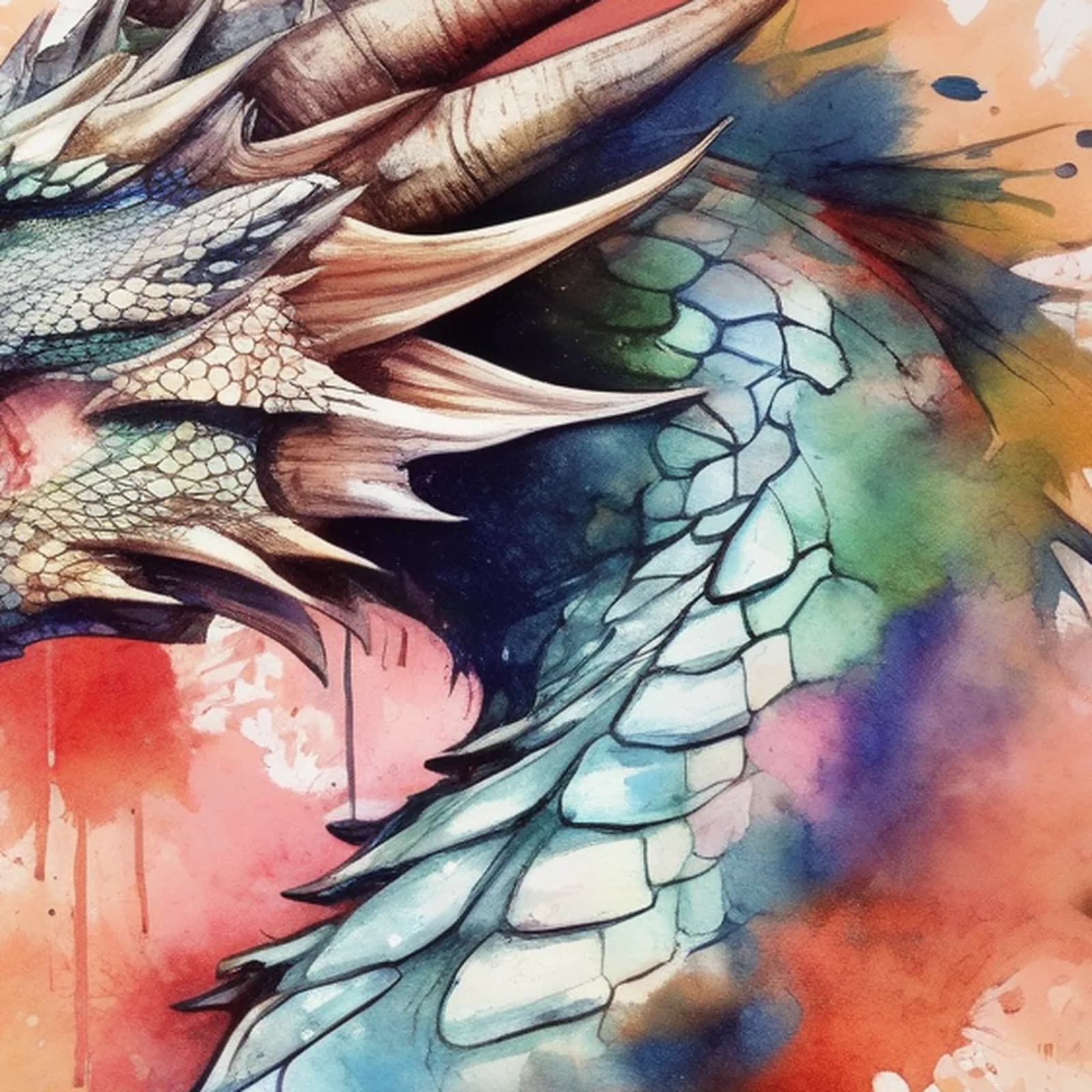 Watercolor Dragon Thigh tattoo design, close-up detail