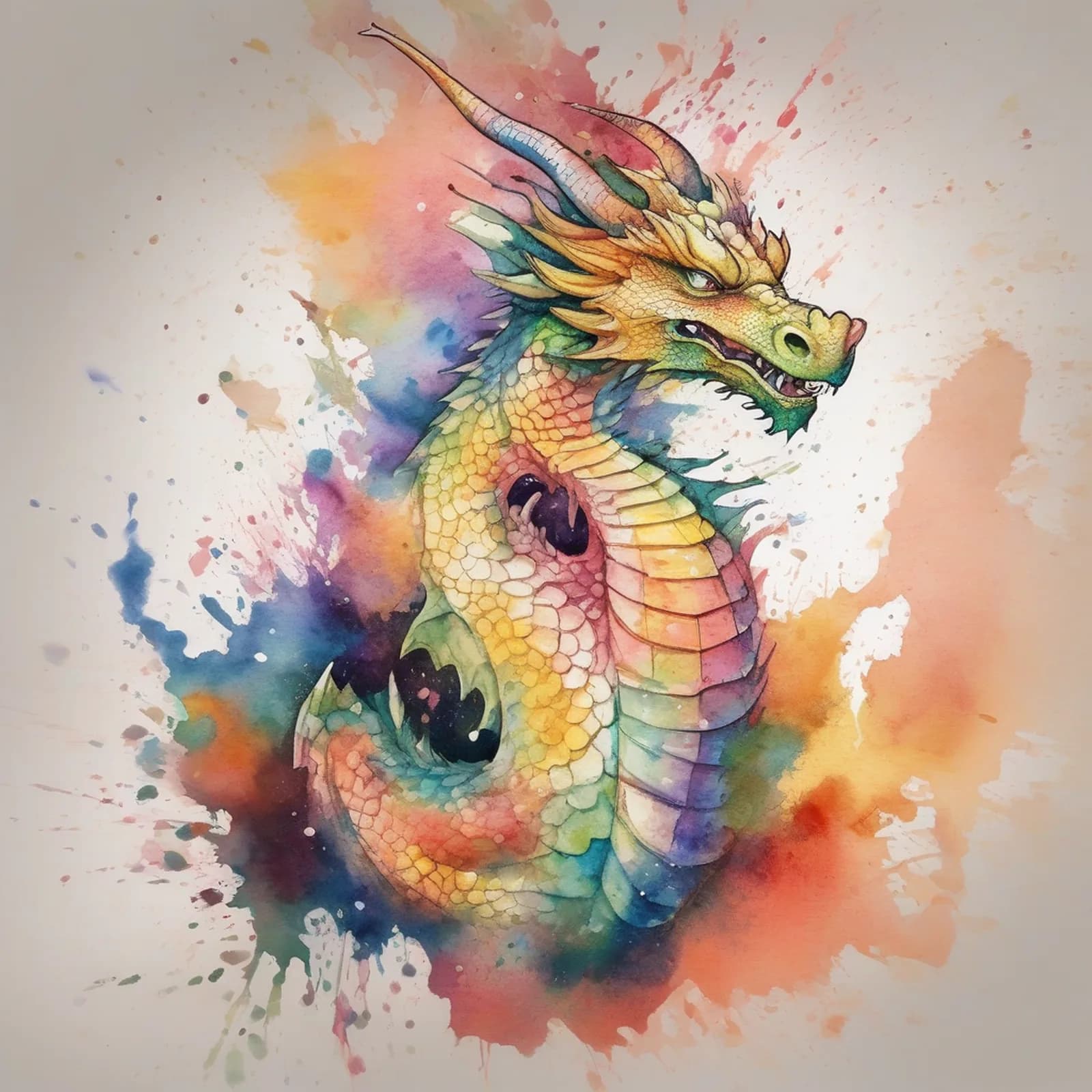 Watercolor Dragon Thigh tattoo design, alternative version 4