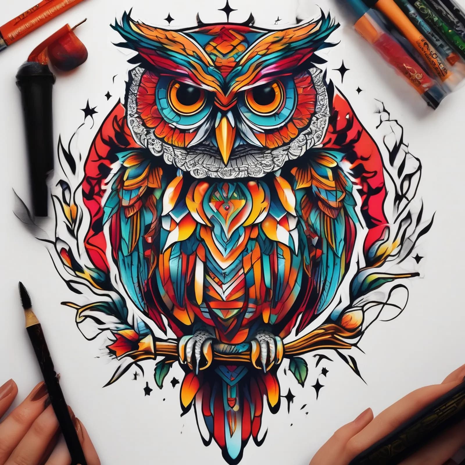 American Traditional Owl tattoo design, alternative version 3