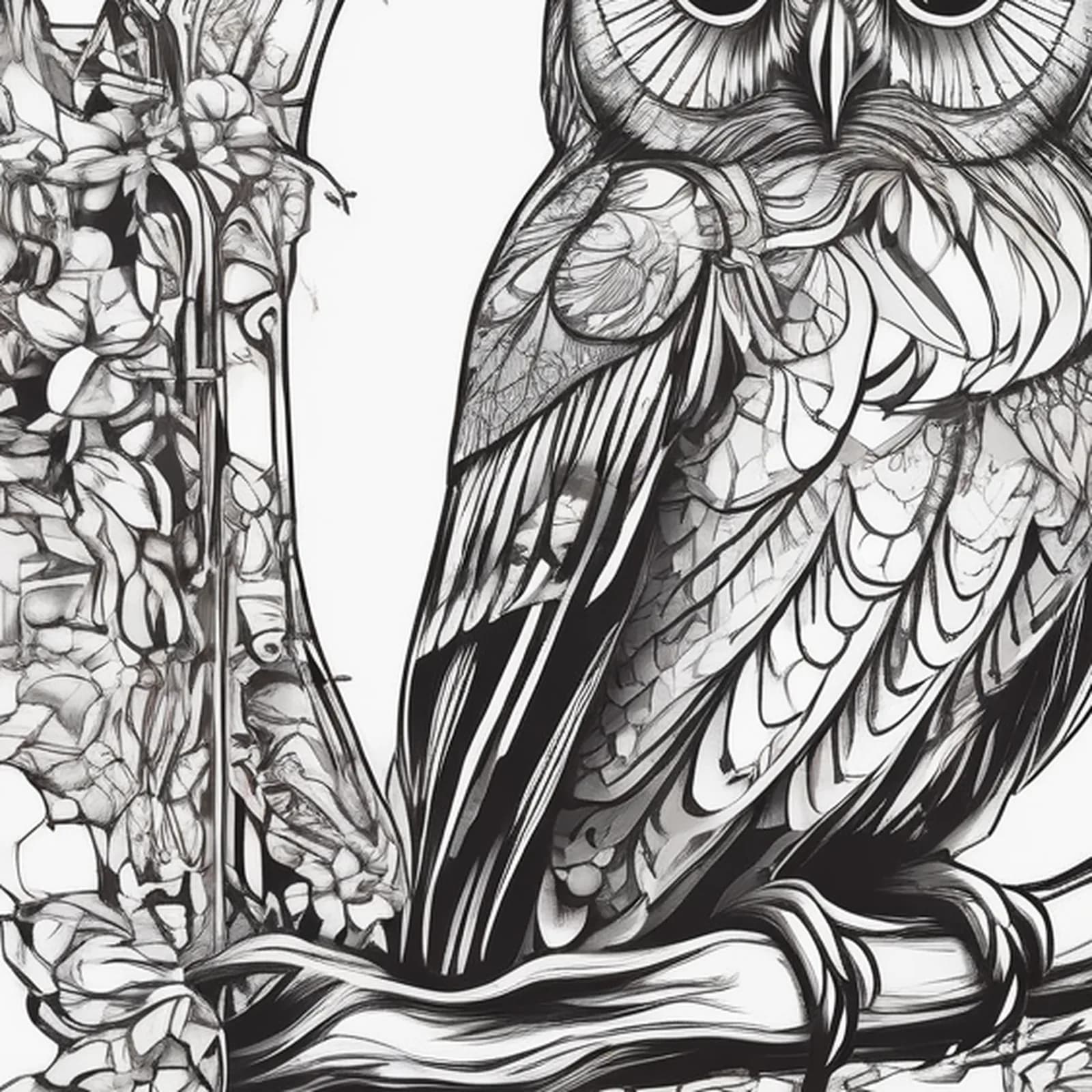 Art Nouveau Owl tattoo design, close-up detail