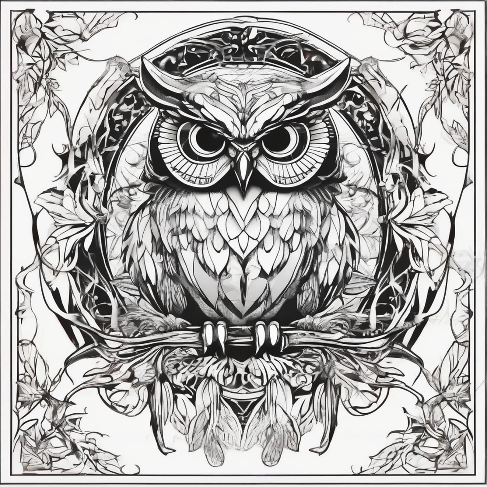 Art Nouveau Owl tattoo design, alternative version 2