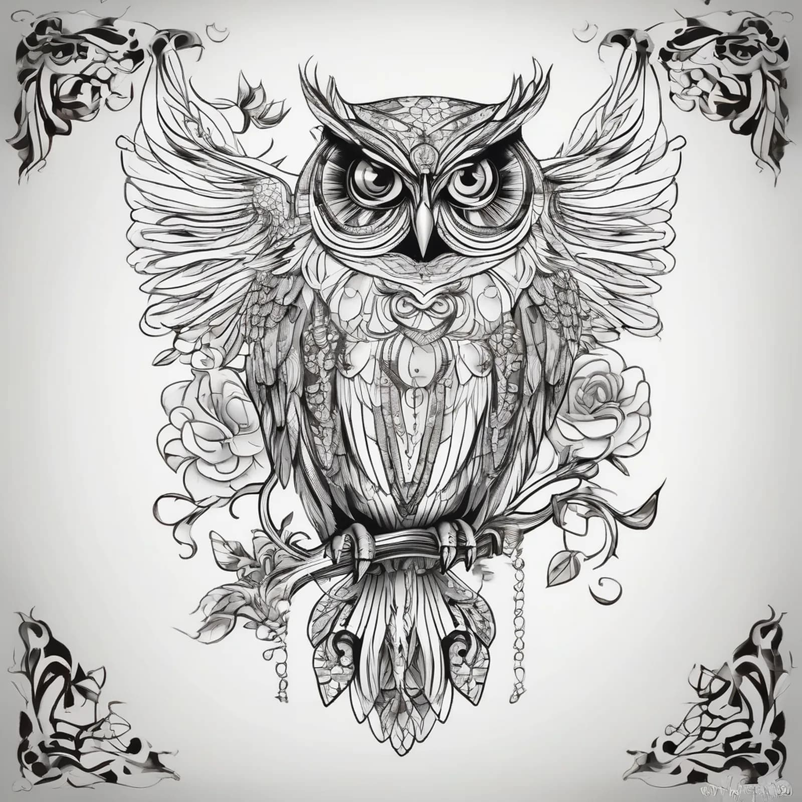 Art Nouveau Owl tattoo design, alternative version 4