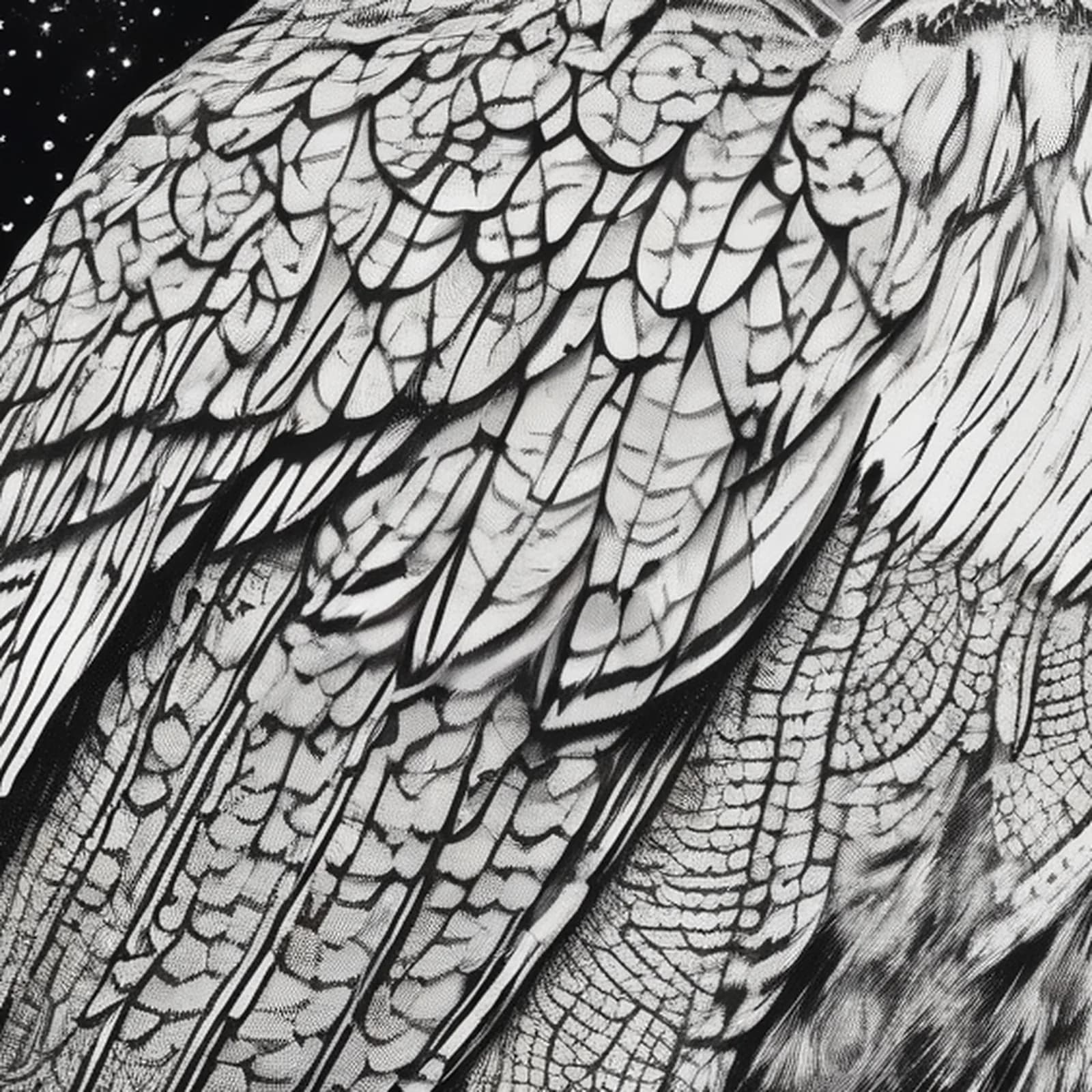 Engraved Woodcut Owl tattoo design, close-up detail