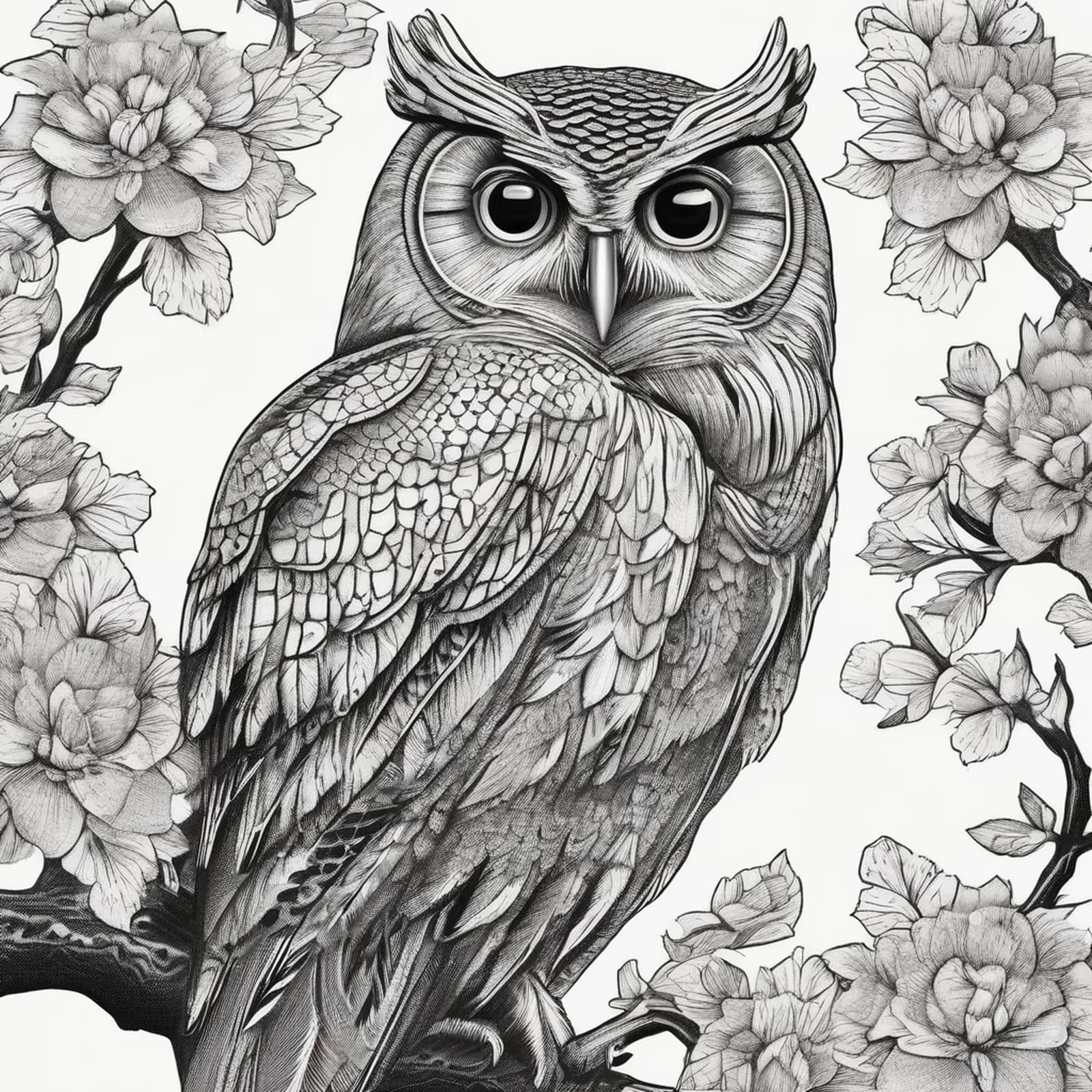 Engraved Woodcut Owl tattoo design, alternative version 3
