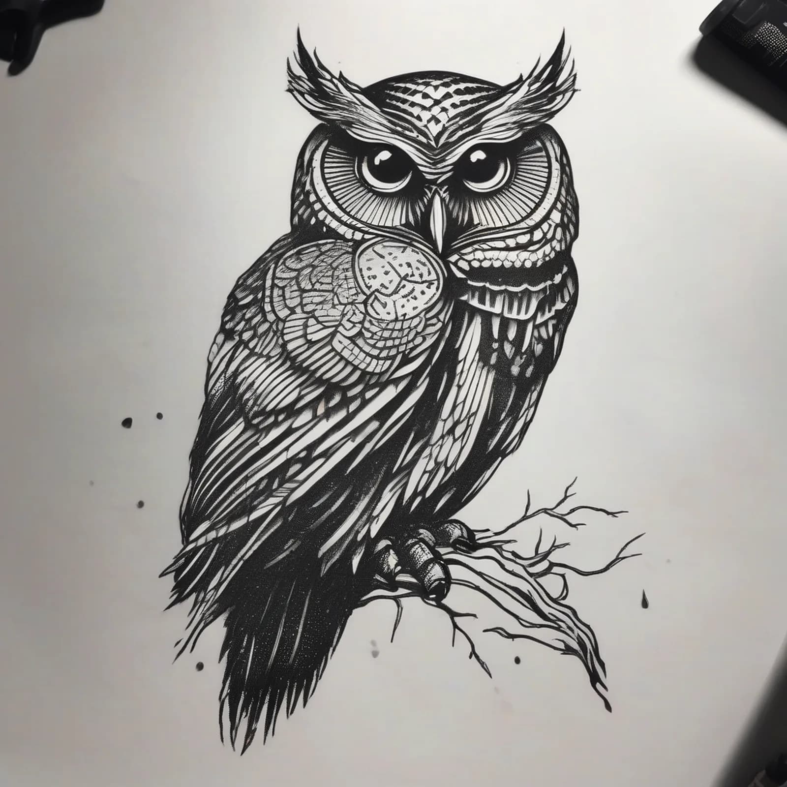 Engraved Woodcut Owl tattoo design, alternative version 4