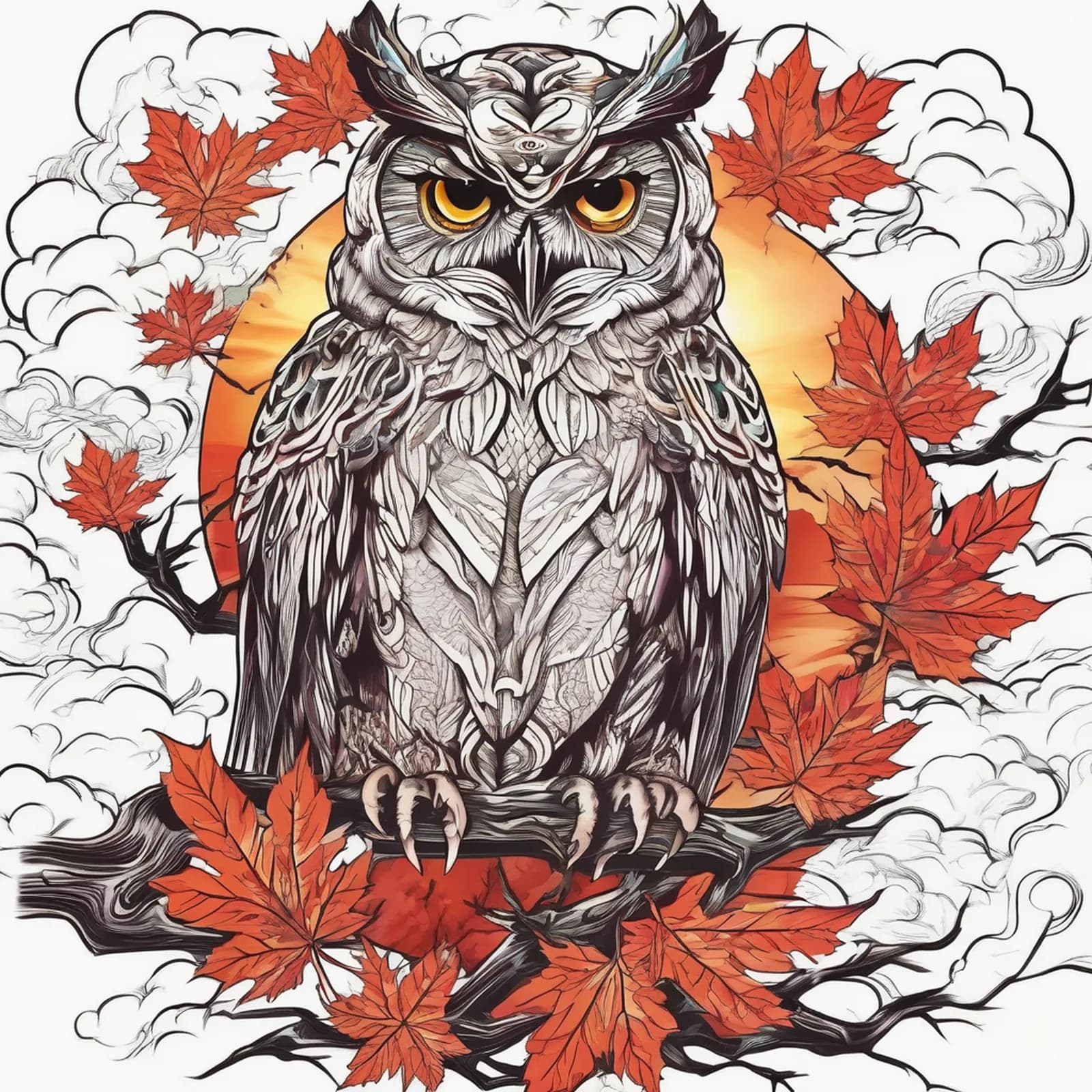 Japanese Fukurou Owl tattoo design, alternative version 2