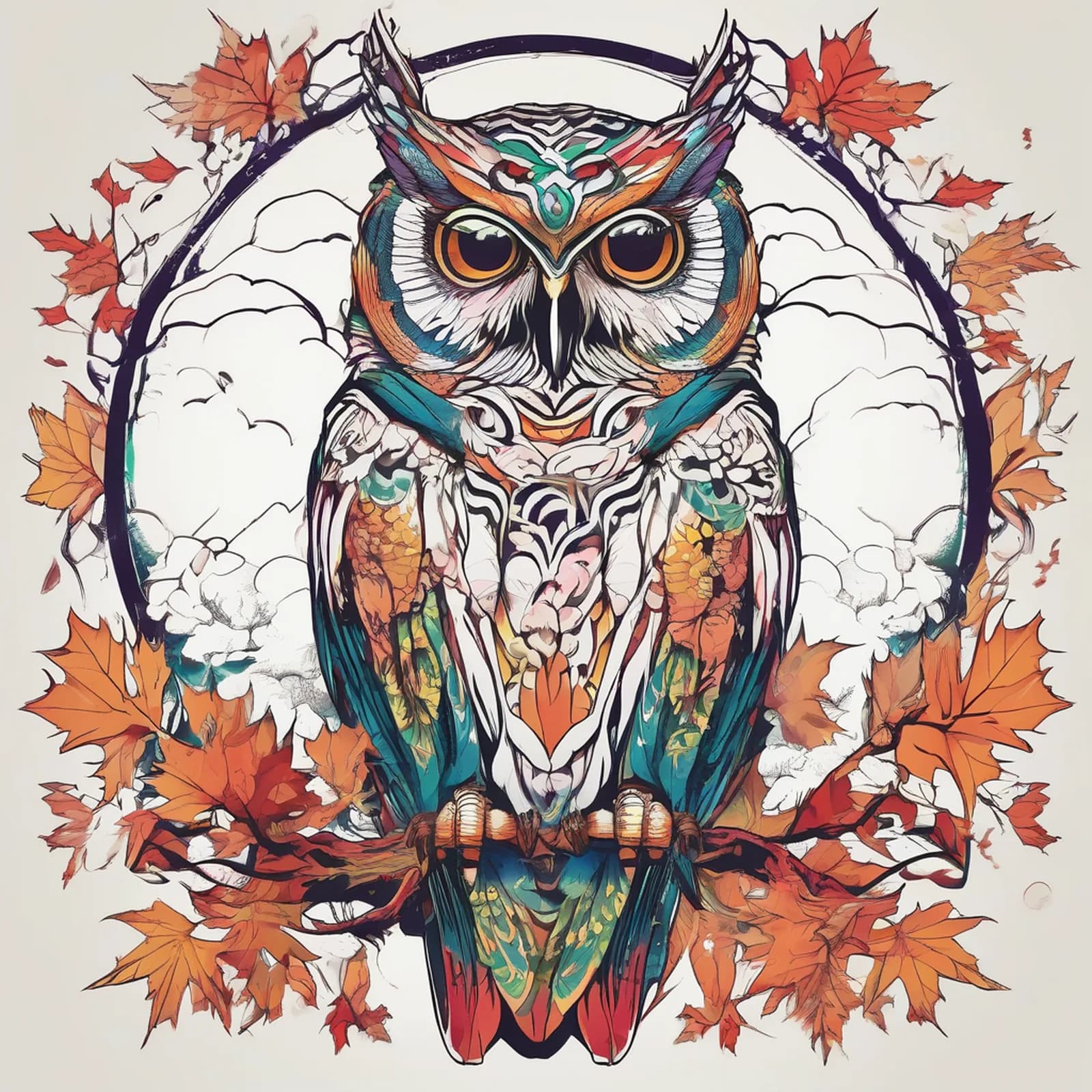 Japanese Fukurou Owl tattoo design, alternative version 3