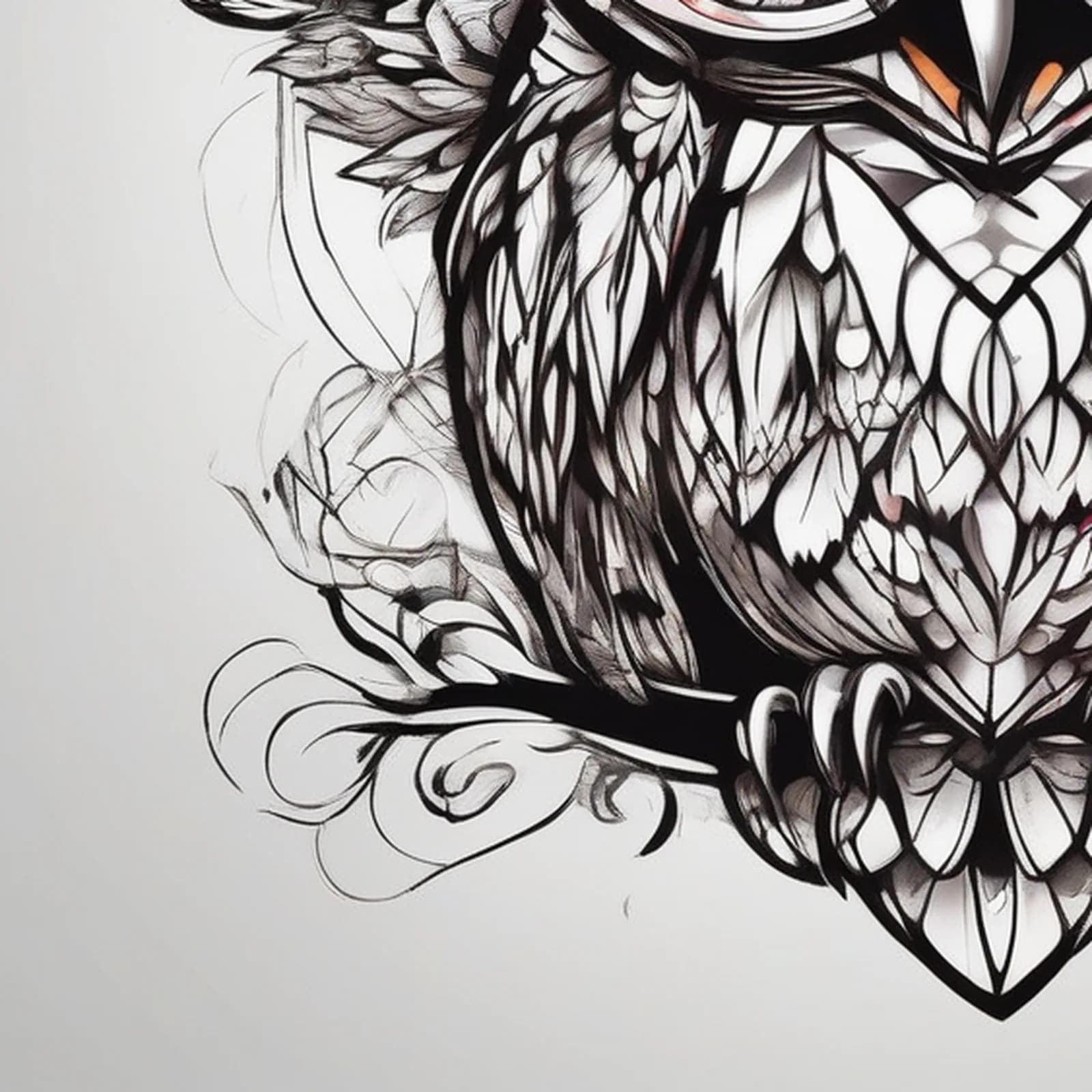 Neo Traditional Owl tattoo design, close-up detail