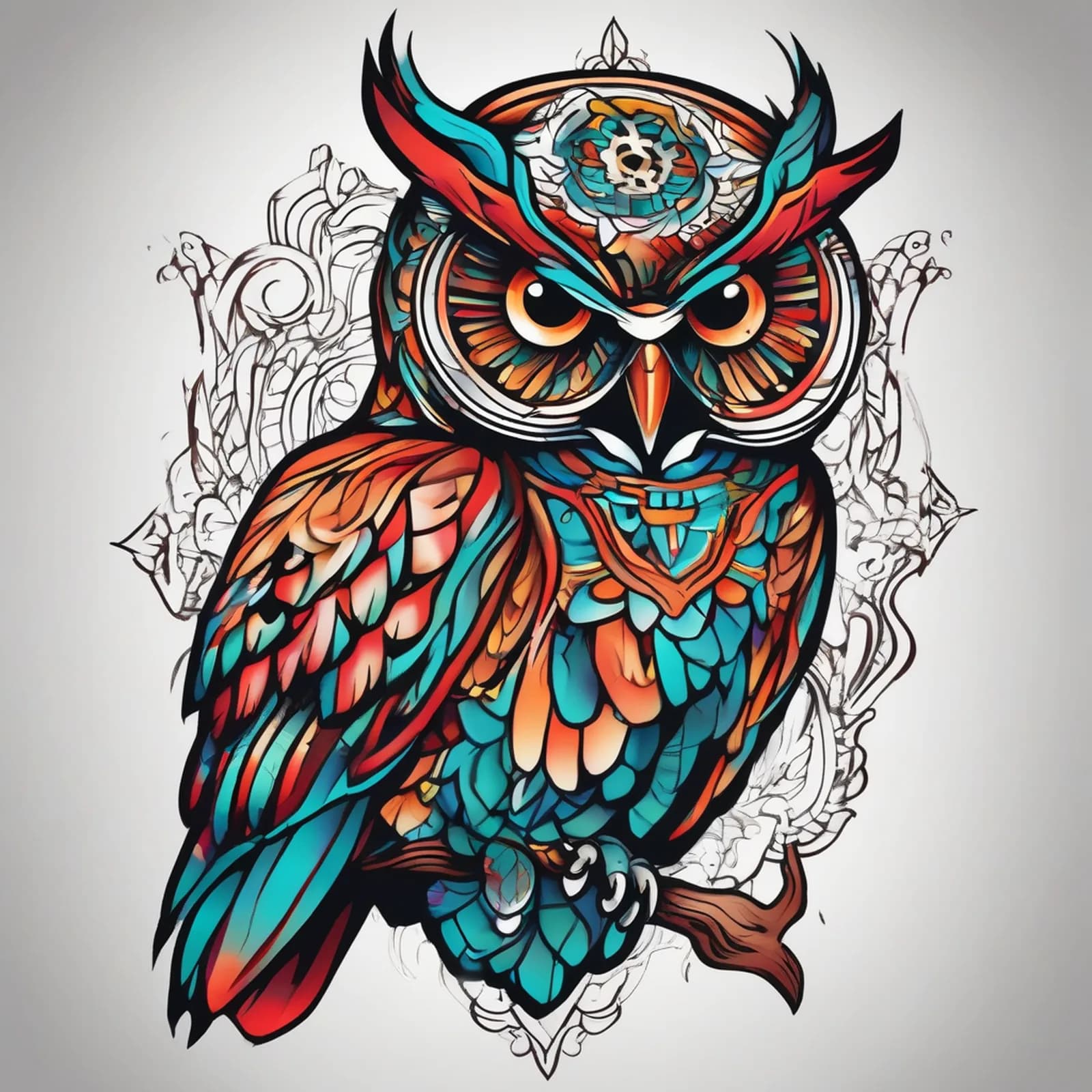 Neo Traditional Owl tattoo design, alternative version 4