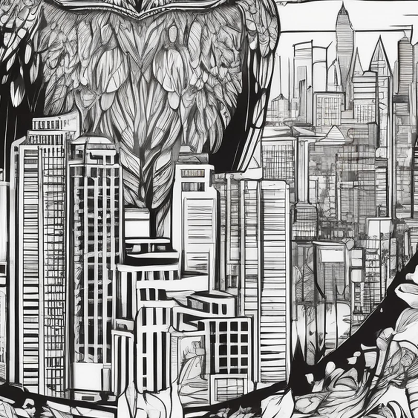 Night Owl Over City tattoo design, close-up detail