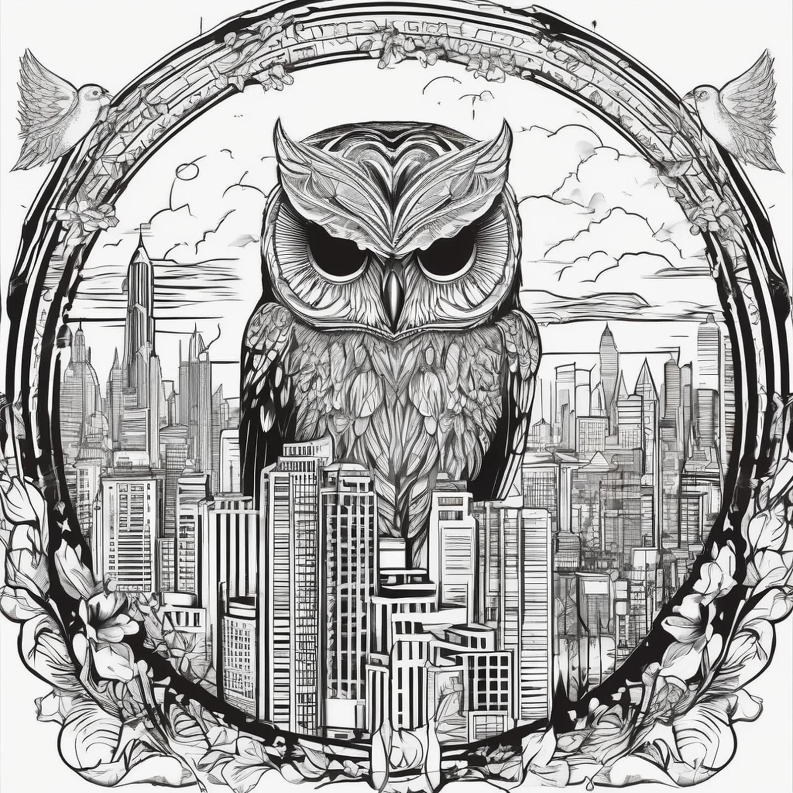 Night Owl Over City tattoo design