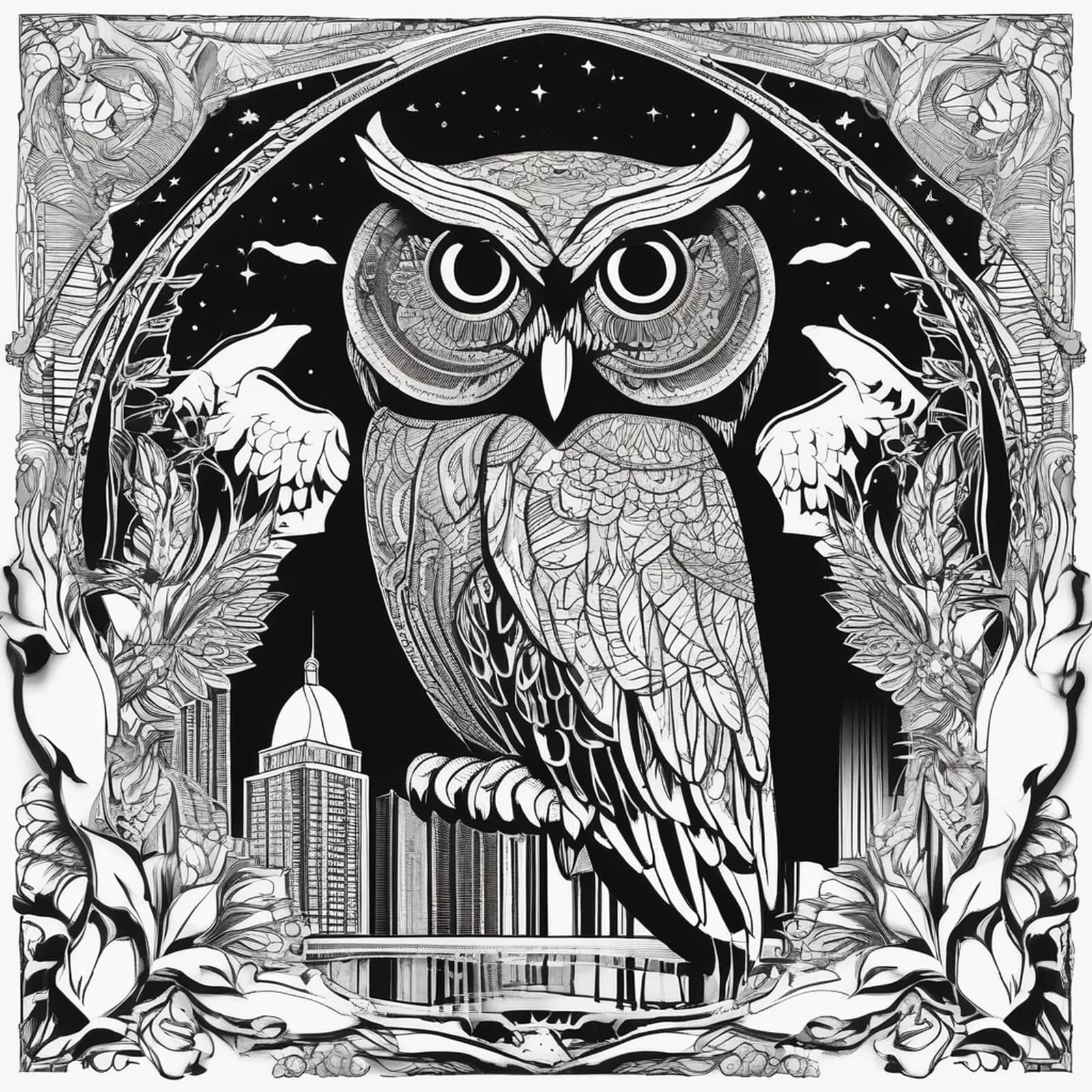 Night Owl Over City tattoo design, alternative version 2