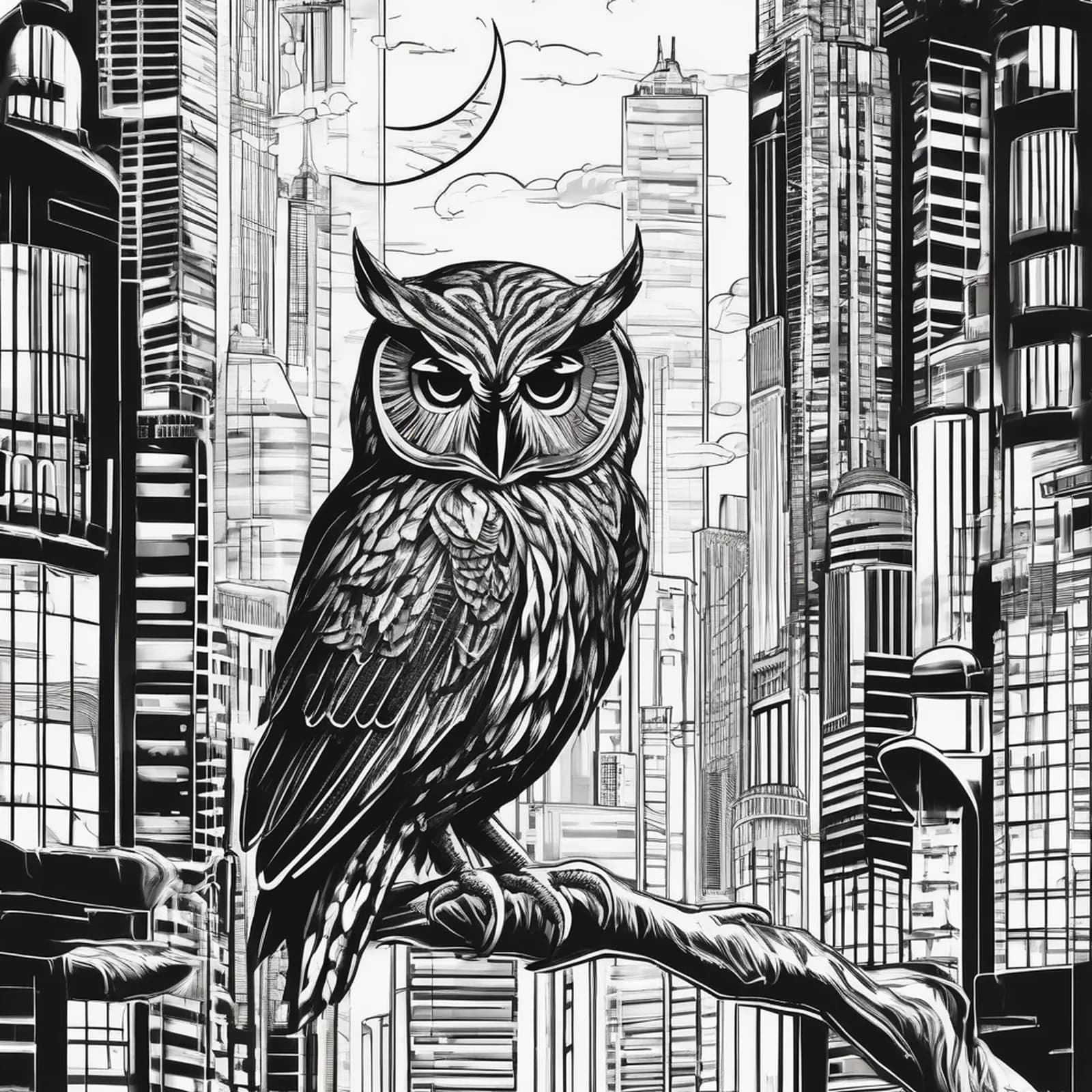 Night Owl Over City tattoo design, alternative version 3