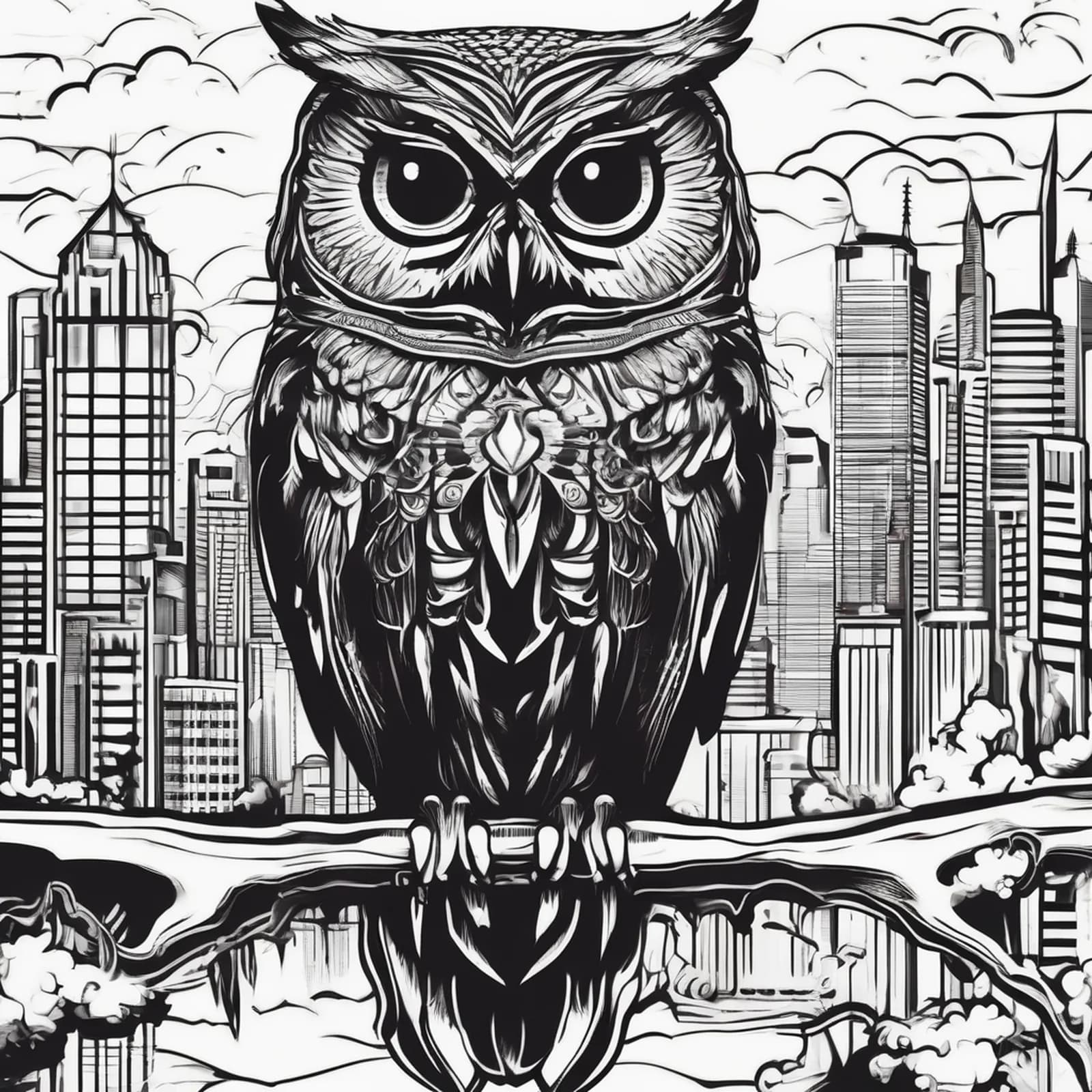 Night Owl Over City tattoo design, alternative version 4