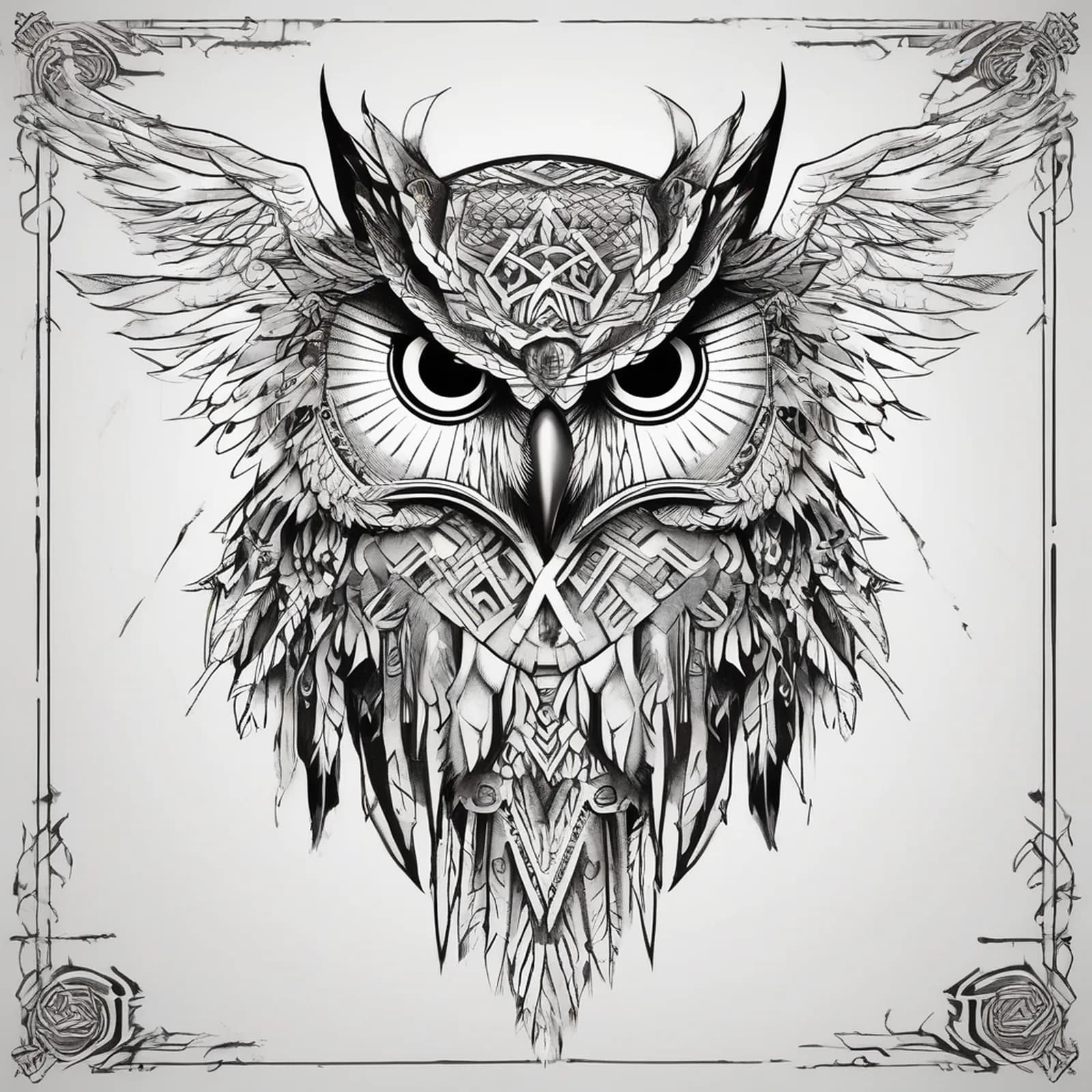 Norse Guardian Owl tattoo design, alternative version 3