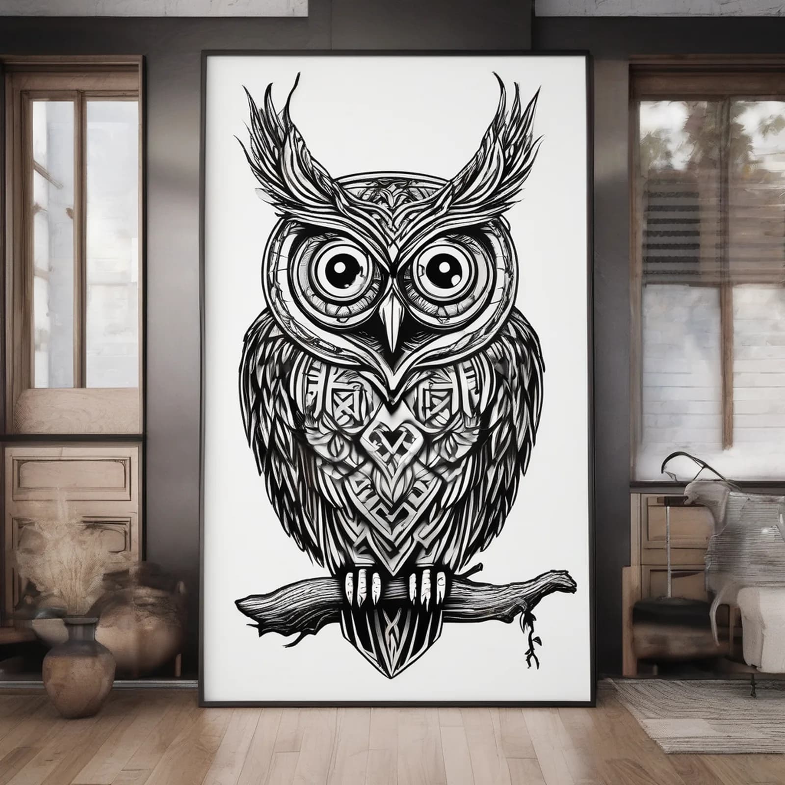 Norse Guardian Owl tattoo design, alternative version 4