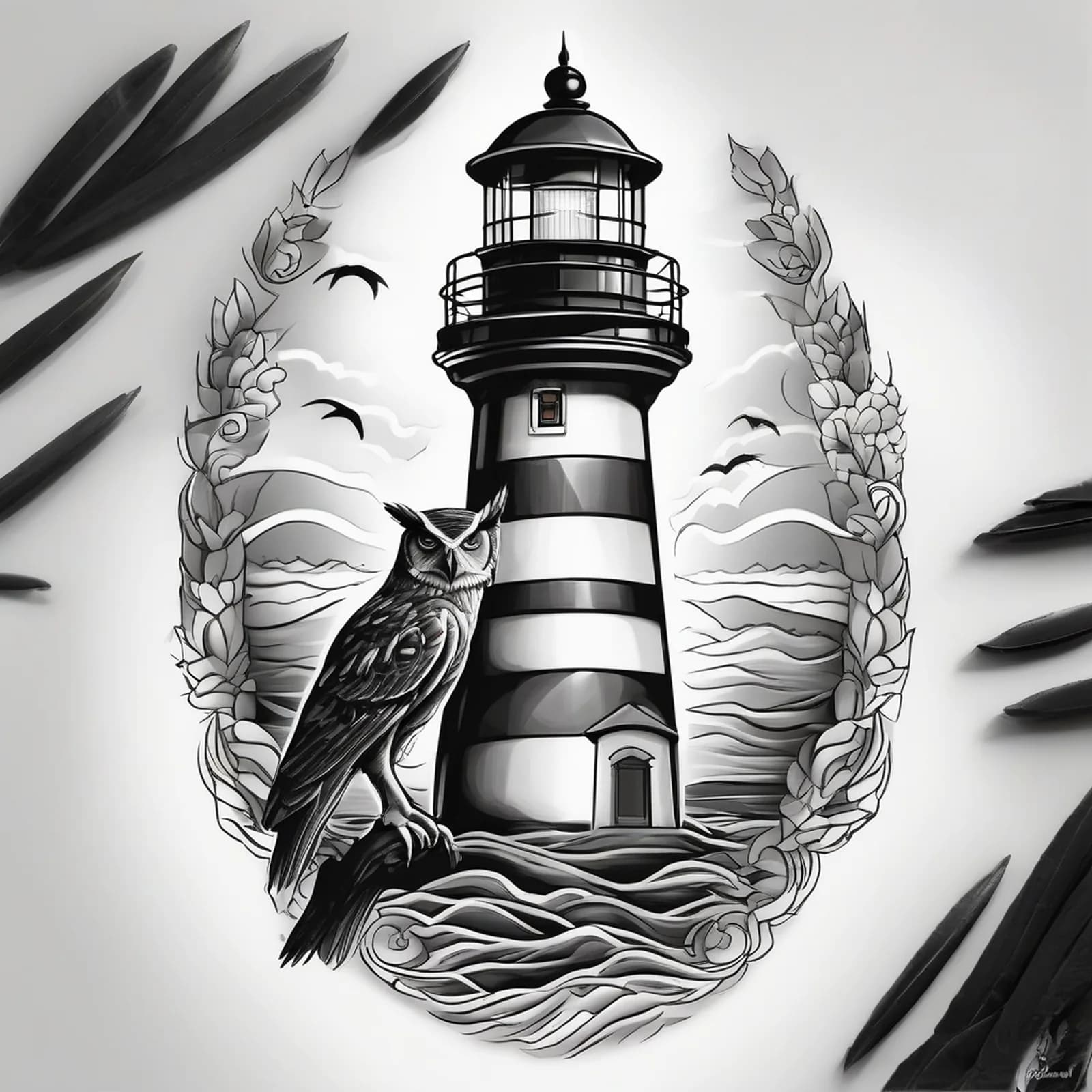 Owl And Lighthouse tattoo design, alternative version 3
