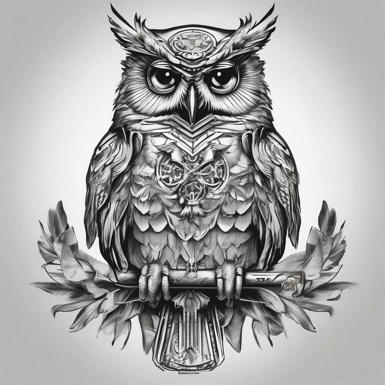 Owl And Pocket Watch tattoo design, alternative version 2