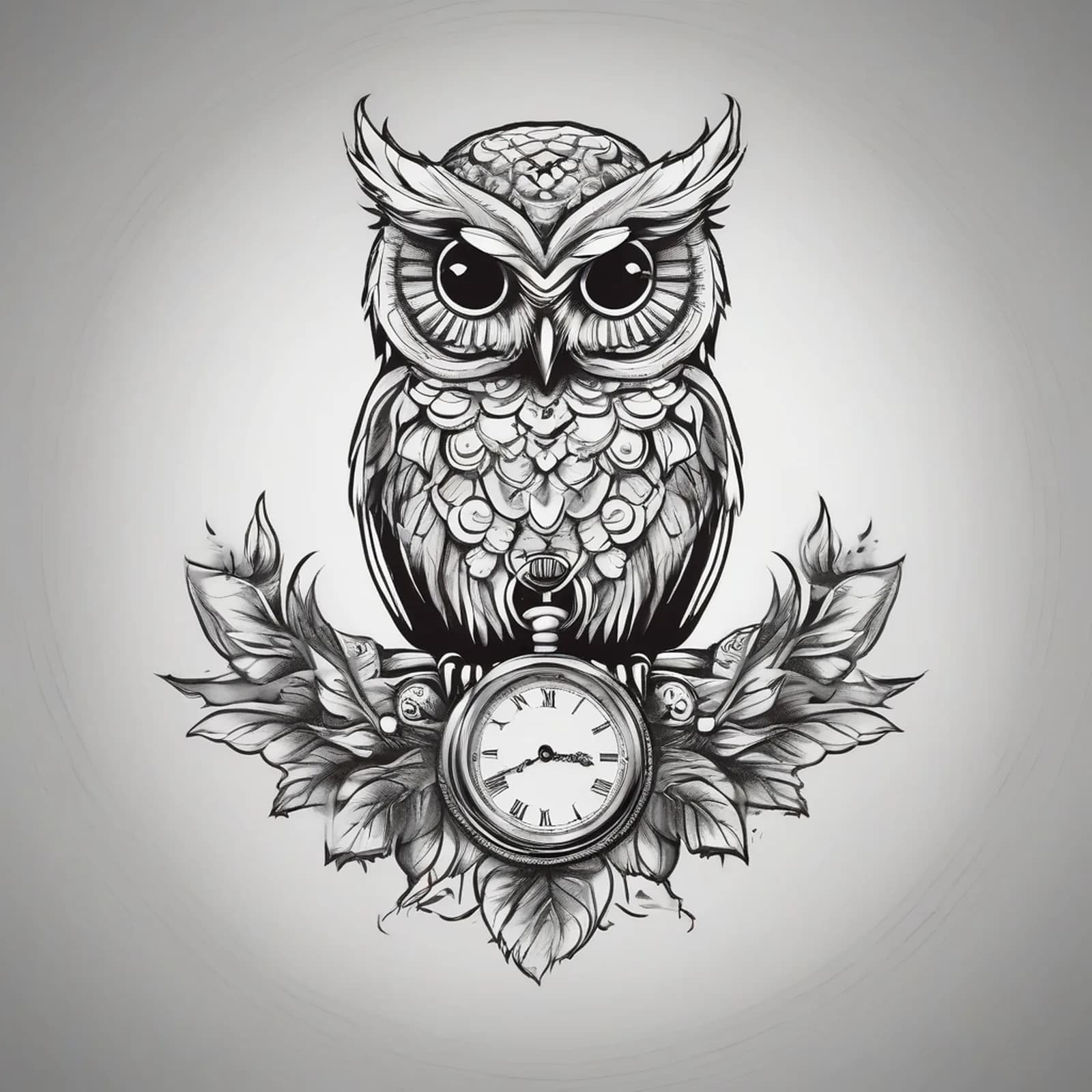 Owl And Pocket Watch tattoo design, alternative version 3