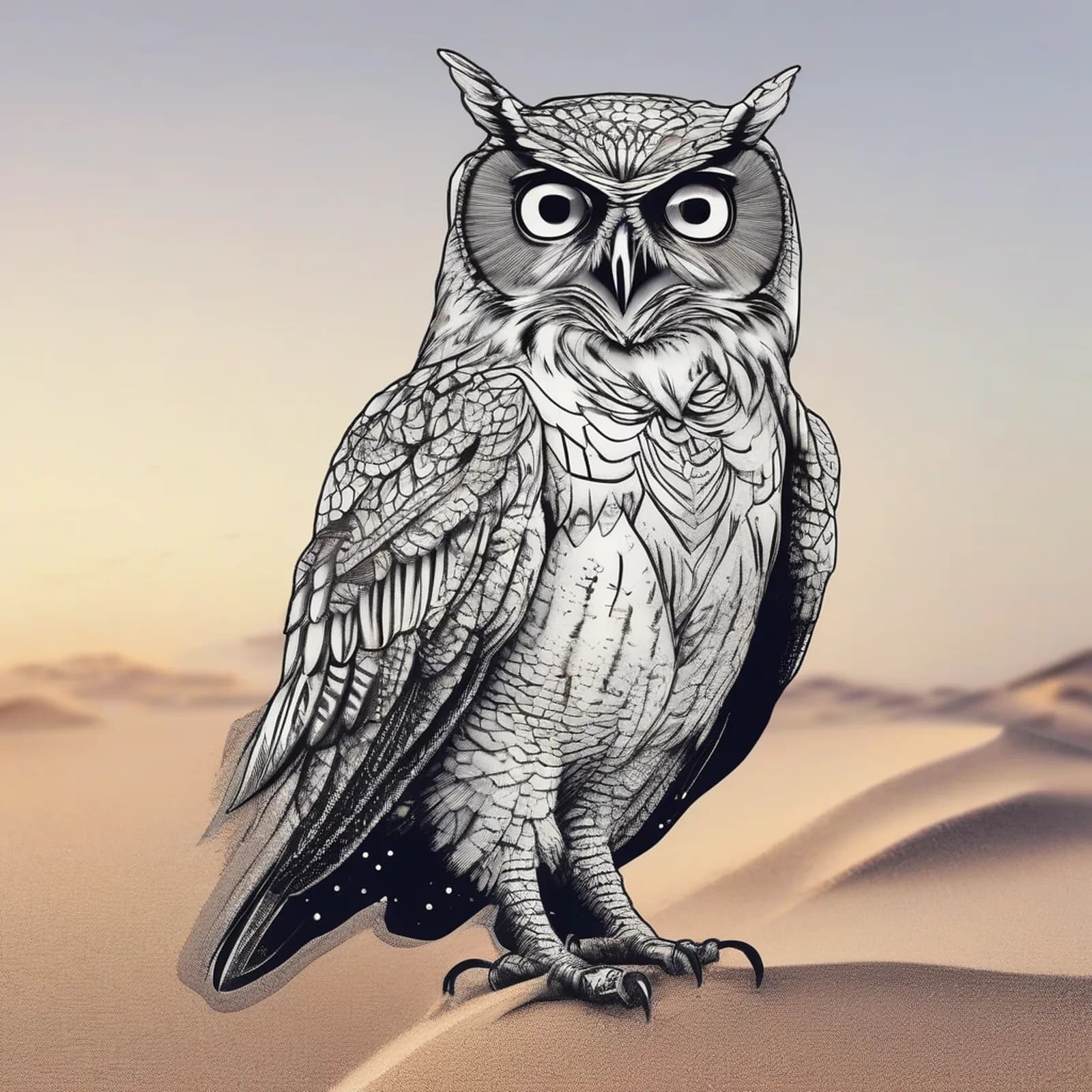 Owl And Sand Timer tattoo design, alternative version 2