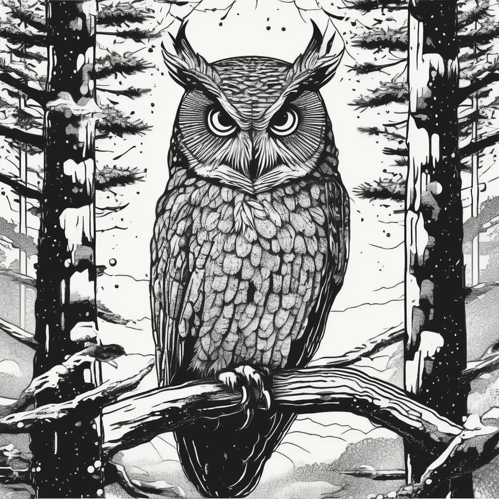 Owl In Forest tattoo design, alternative version 3
