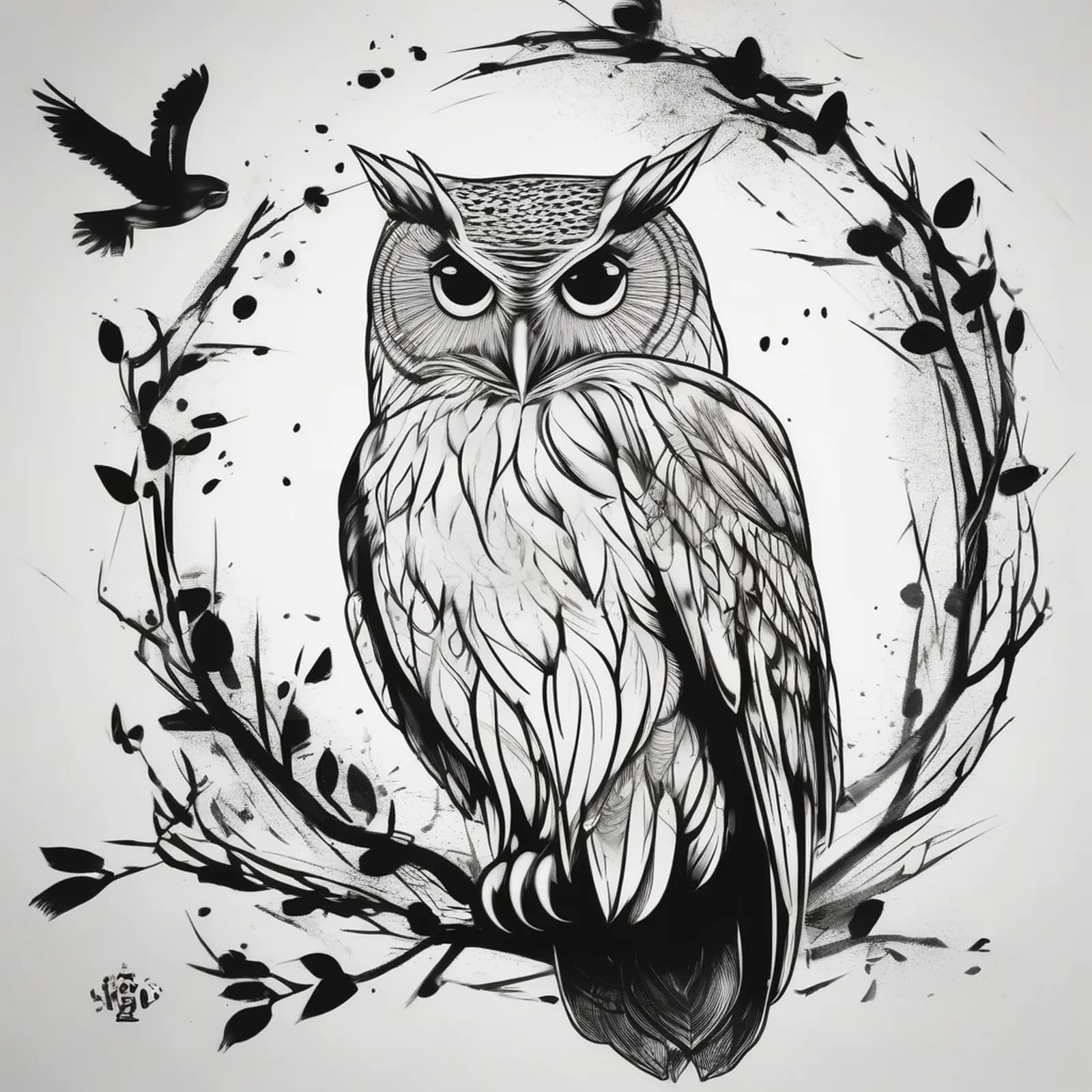 Owl On The Foot tattoo design, alternative version 4