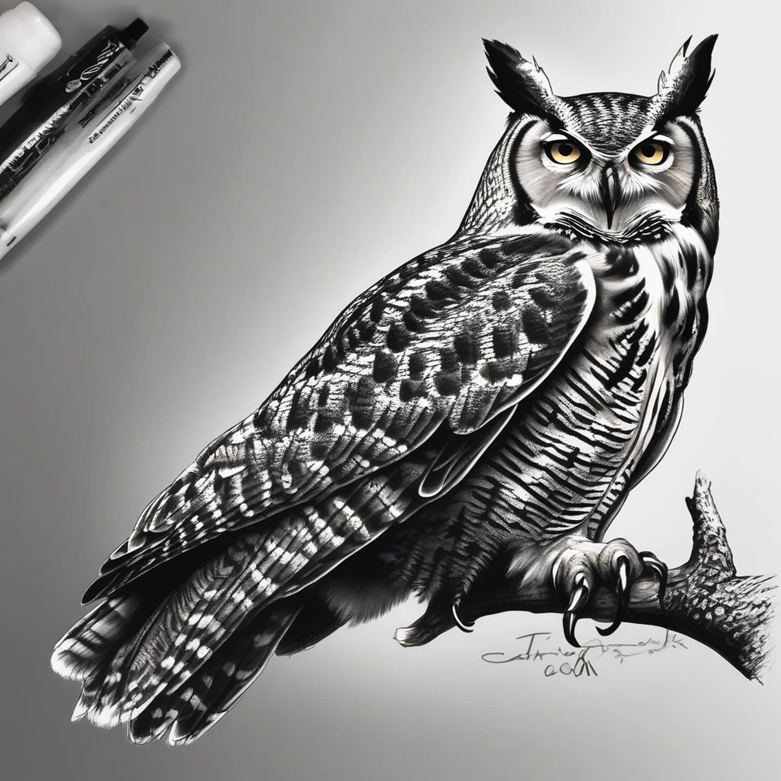 Realistic Great Horned Owl tattoo design, alternative version 4