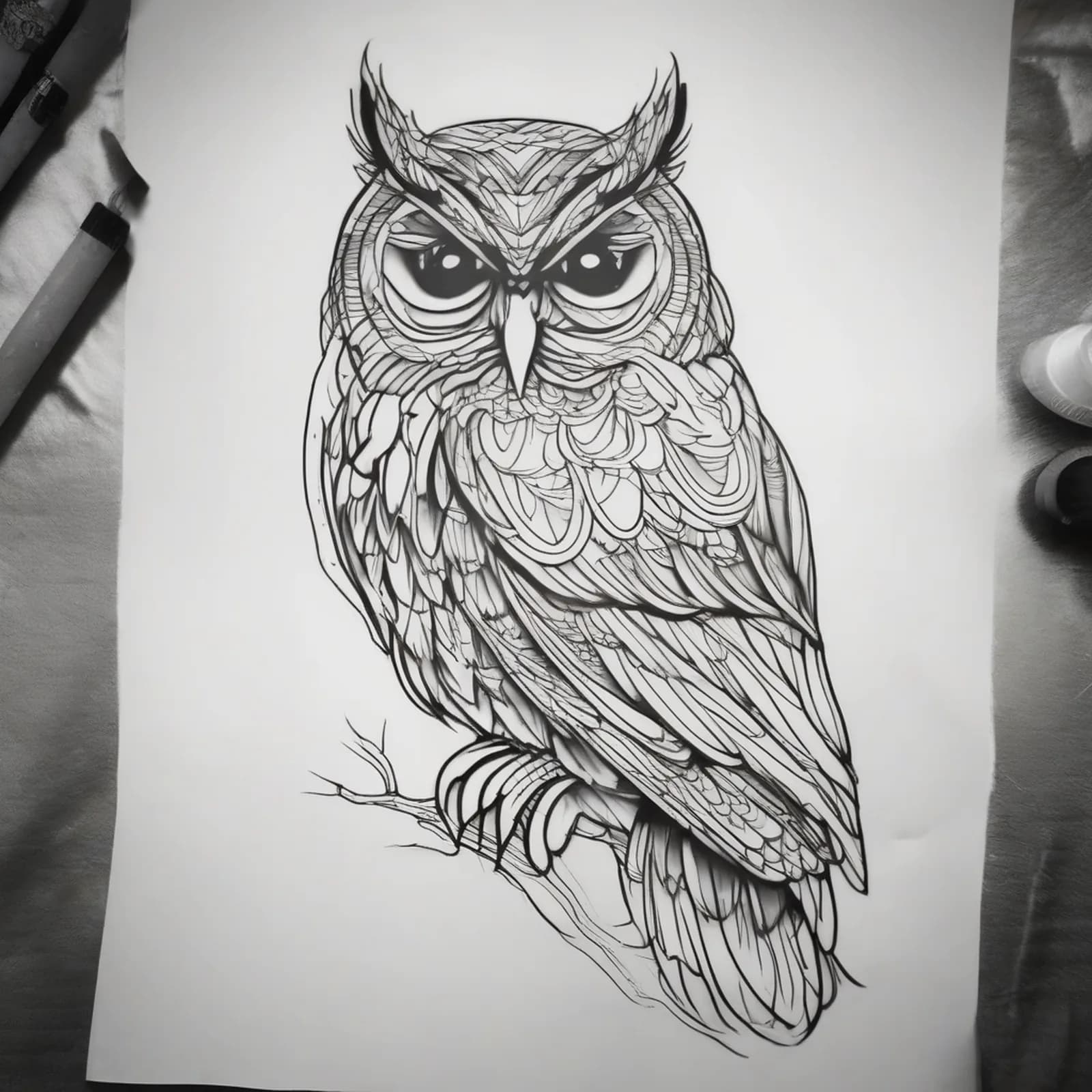 Single Continuous Line Owl tattoo design, alternative version 2