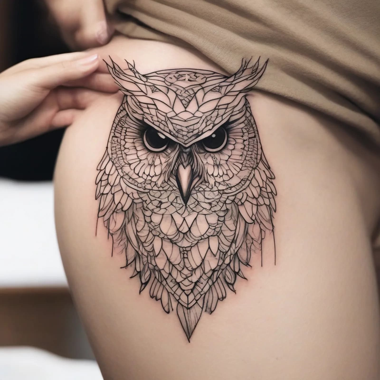 Single Continuous Line Owl tattoo design, alternative version 3