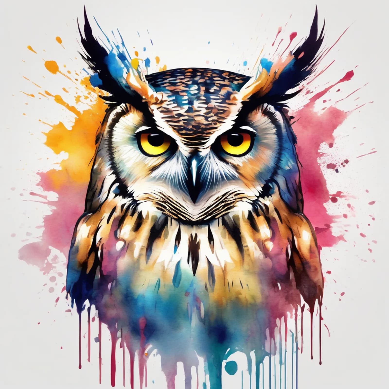 Watercolor Splash Owl tattoo design, alternative version 2