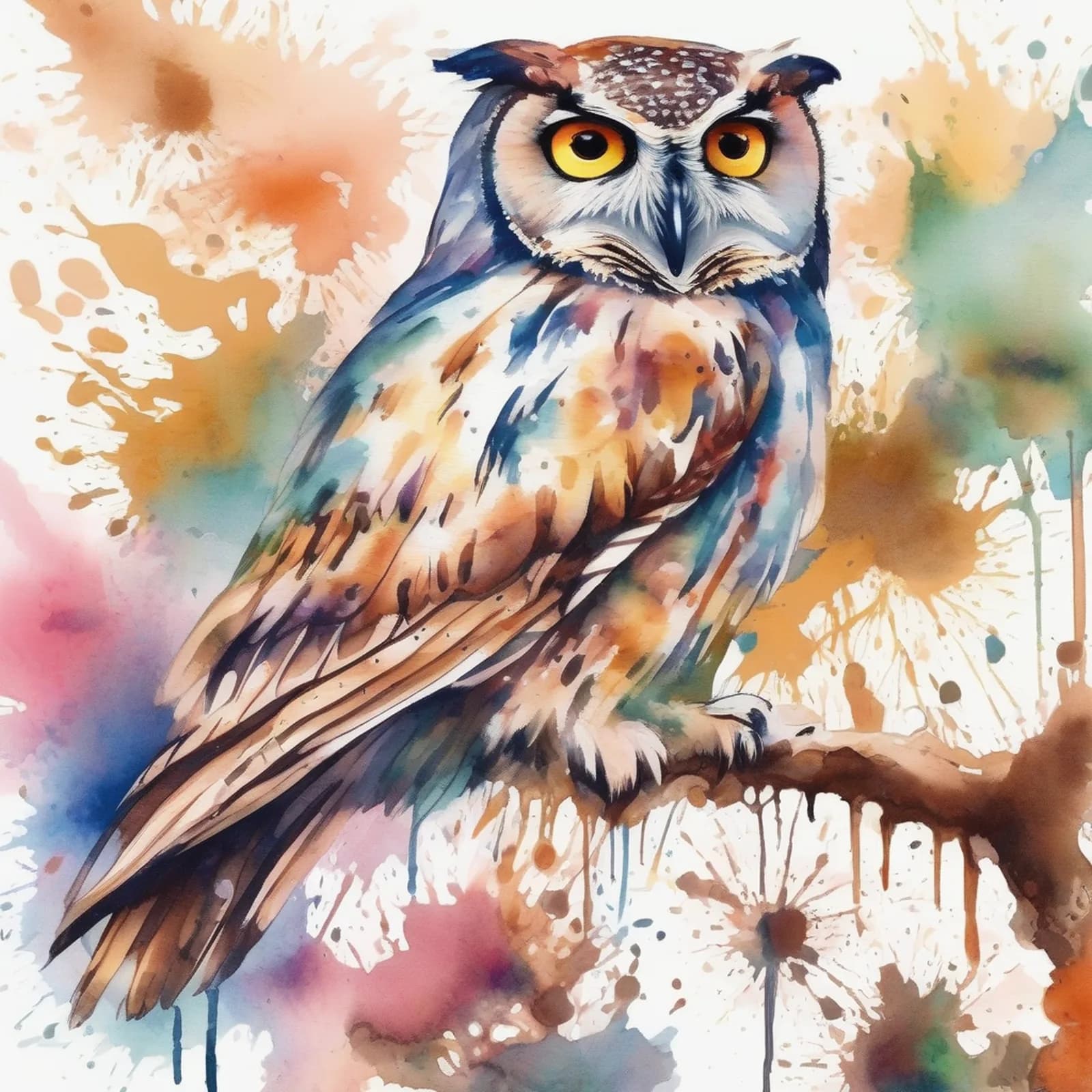 Watercolor Splash Owl tattoo design, alternative version 3